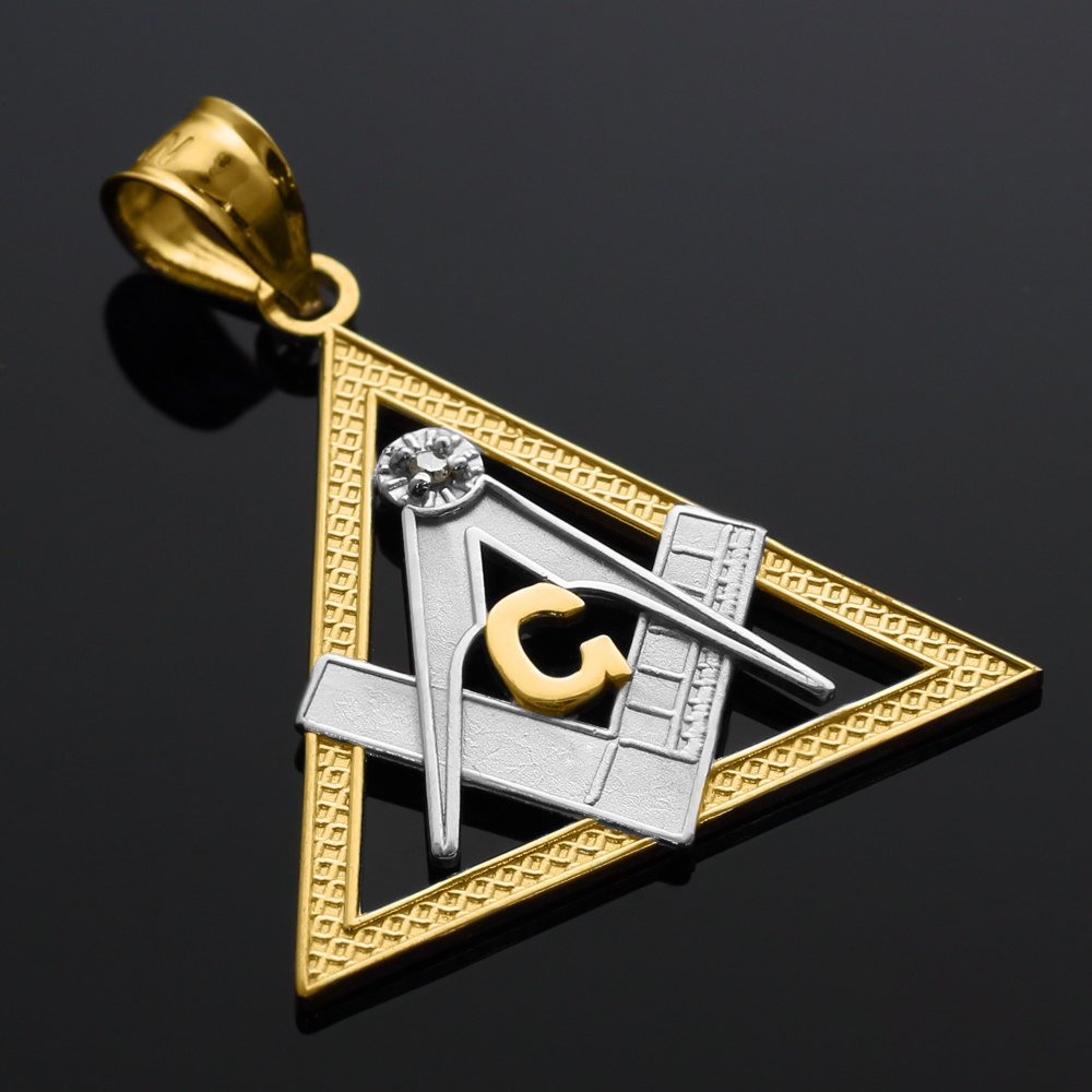 10K Two-Tone Gold Triangle Freemason Masonic Pendant Necklace with Diamond Accents - Perfect for Lodge Meetings, Gifts & Symbolic Jewelry Collection