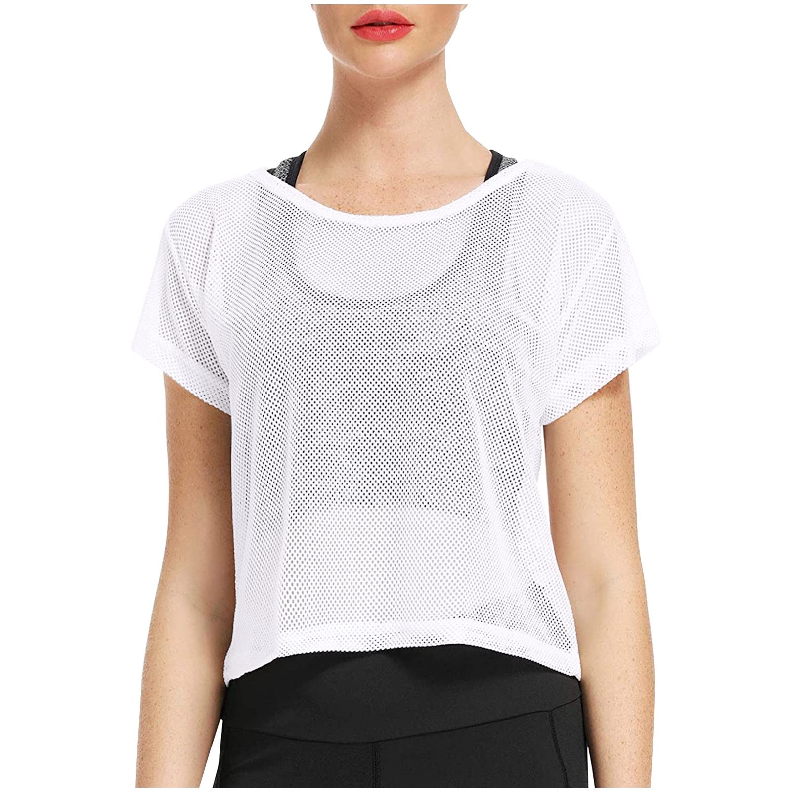 Women's Summer Casual T-Shirt - Ultra Soft Crewneck Short Sleeve Top | Sheer Mesh Fishnet Design | Perfect for Beach Outings, Music Festivals & Summer Vacations
