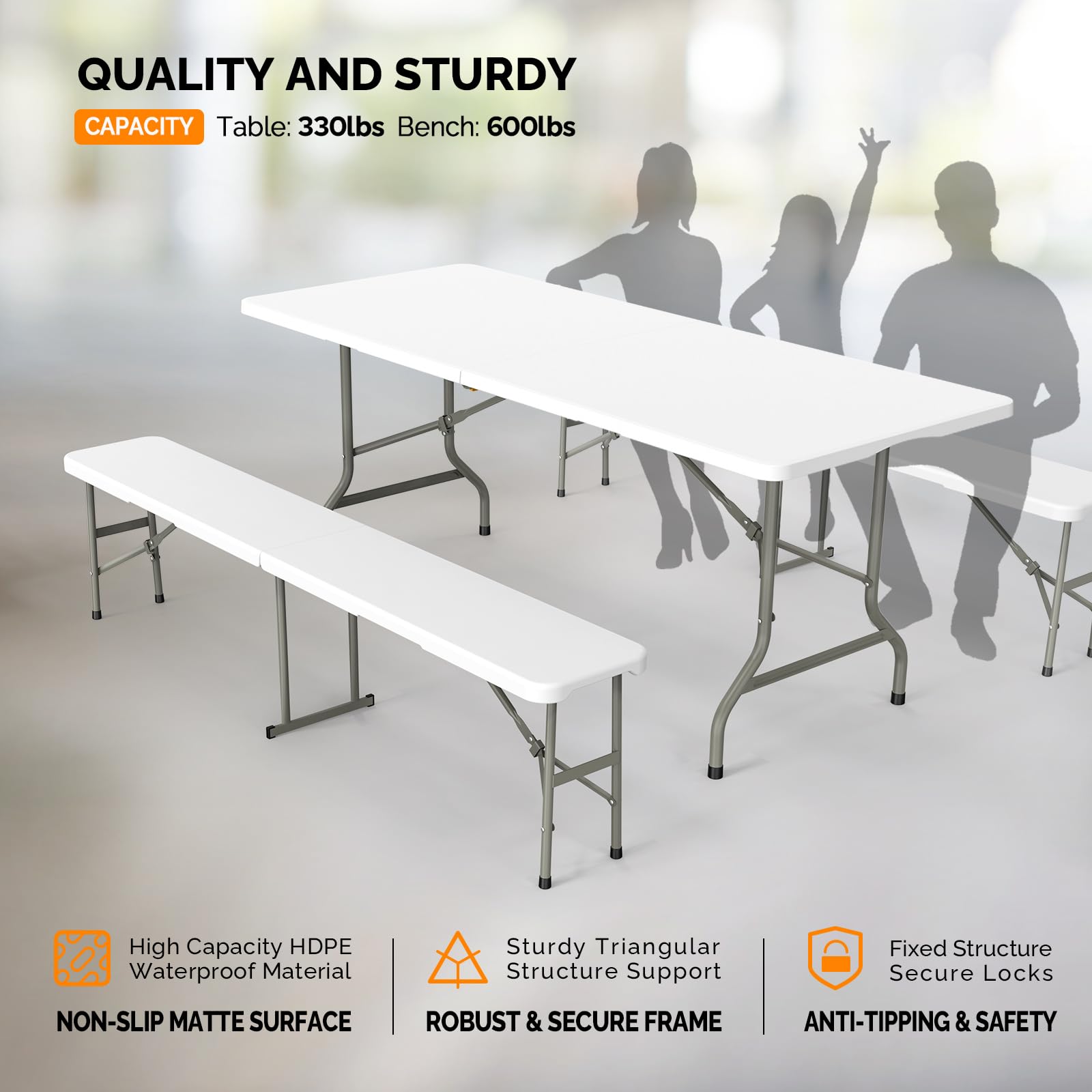 VINGLI 6-Foot Picnic Table Set with 2 Benches - 3-Piece Folding Camping Furniture for Indoor & Outdoor Use - Smooth White Tabletop - Perfect for Backyard BBQs, Camping Trips & Patio Dining