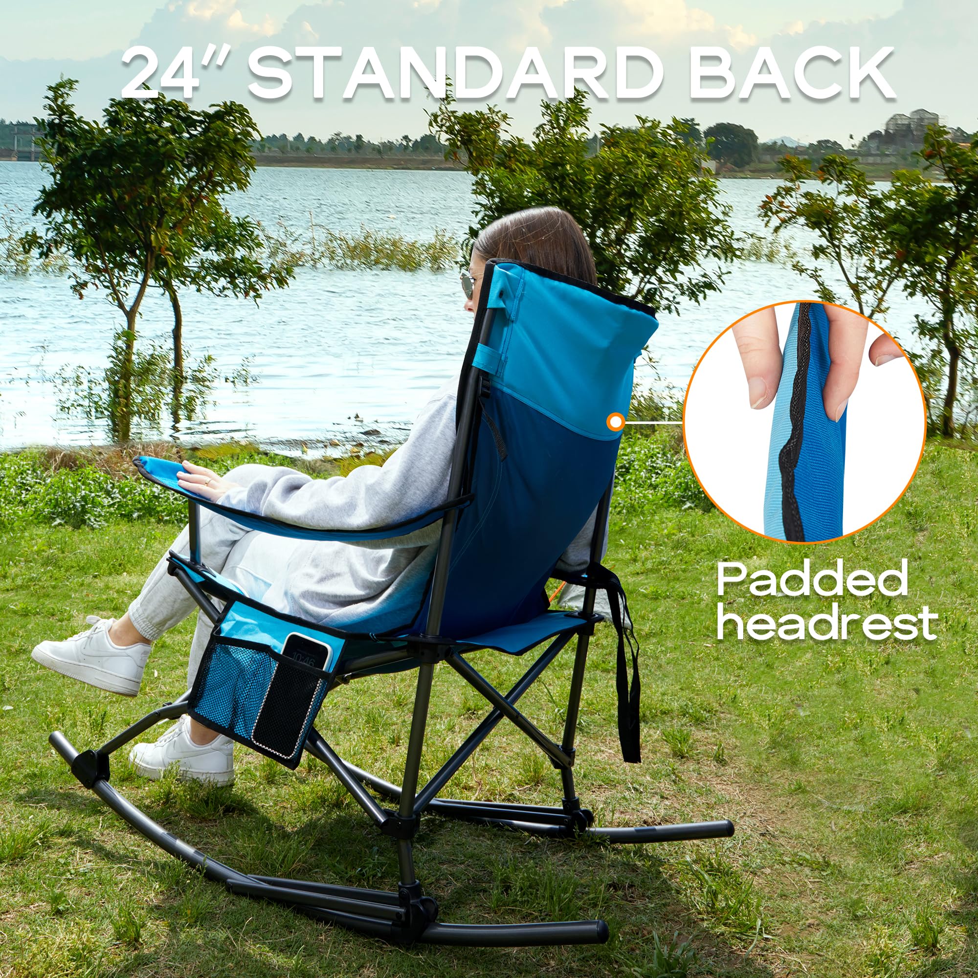 Best Folding Camping Rocking Chair - Portable Outdoor Rocker with High Back, Cup Holder & Side Pocket - Includes Carry Bag - Supports 300 lbs - Perfect for Camping, Hiking, Beach & Backyard Relaxation