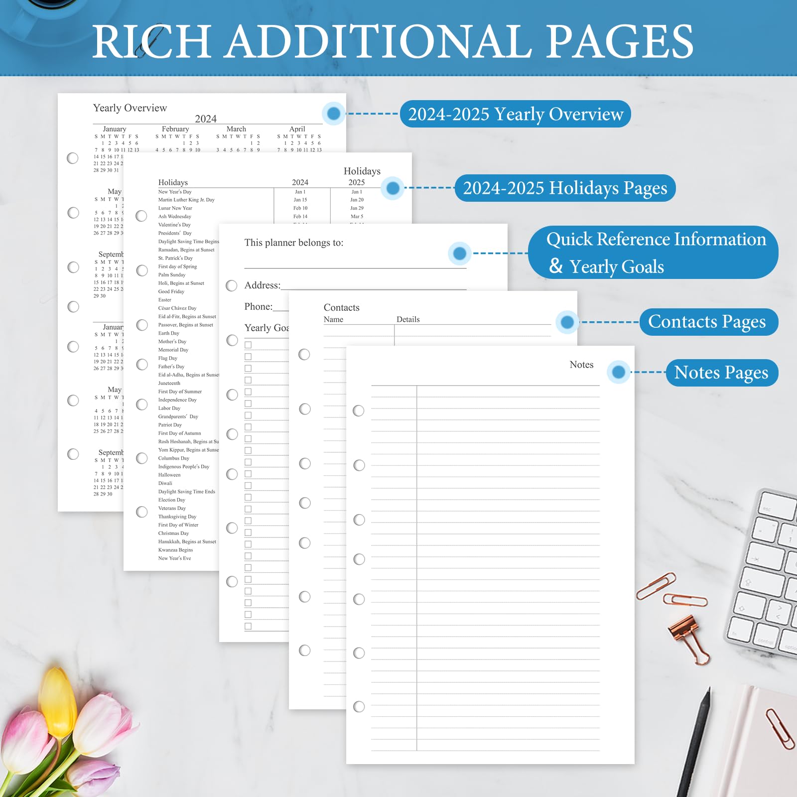 2024-2025 Monthly Planner Refill Inserts for 7 Ring Binders - January 2024 to June 2025 Calendar with Tabs - 5.5