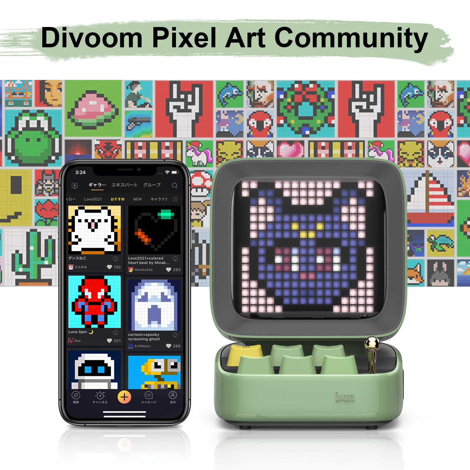 Divoom Ditoo Retro Pixel Art Bluetooth Speaker - 16x16 LED App-Controlled Screen, Customizable Game & Music Player (Green) - Perfect for Gaming, Bedroom Decor & Gifts