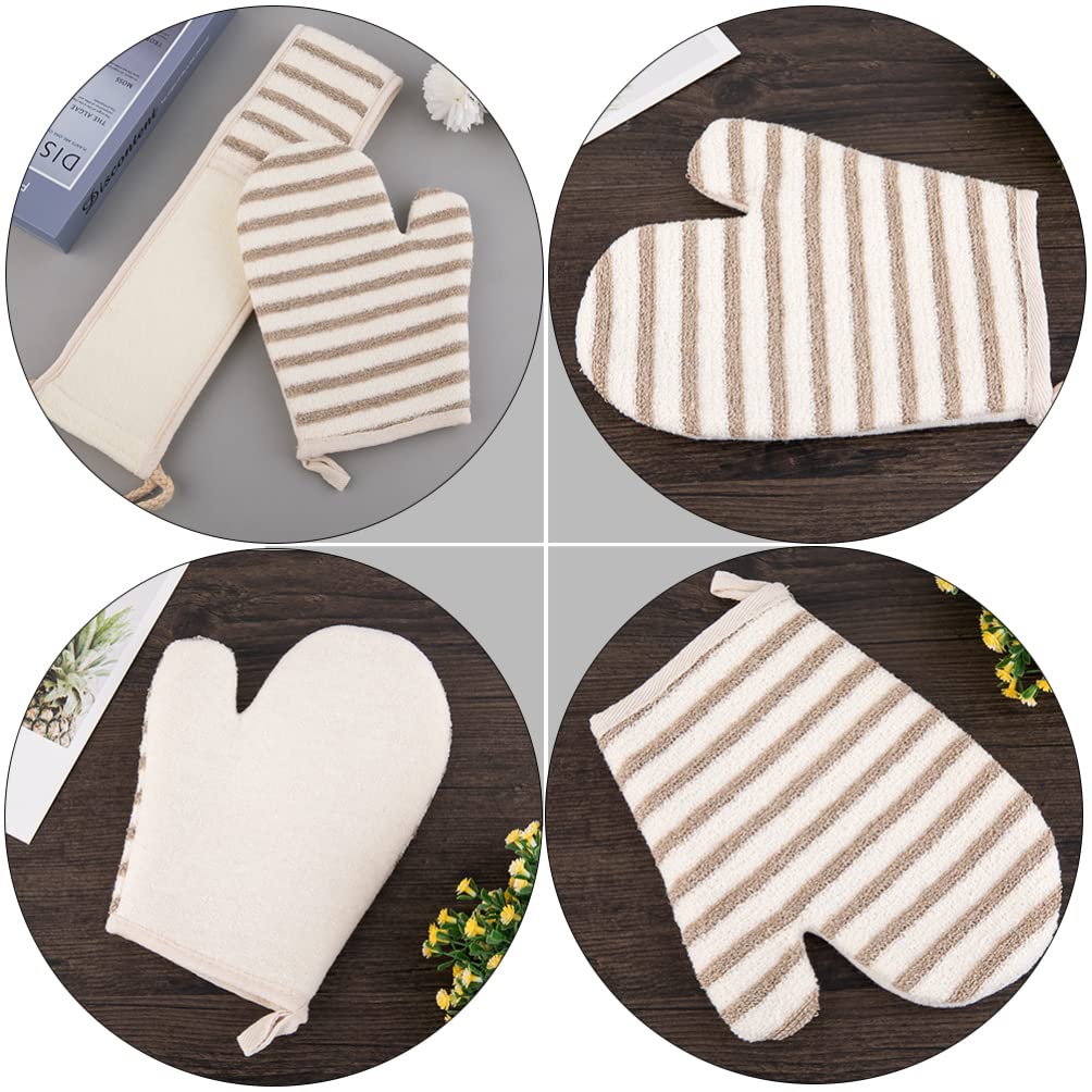Beaupretty 6-Piece Bath Towel Gloves Set with Exfoliating Mitt, Tiny Straw Hat & Flax Stripes Scrubber - Soft Back Cleaning Kit for Shower, Spa & Body Care
