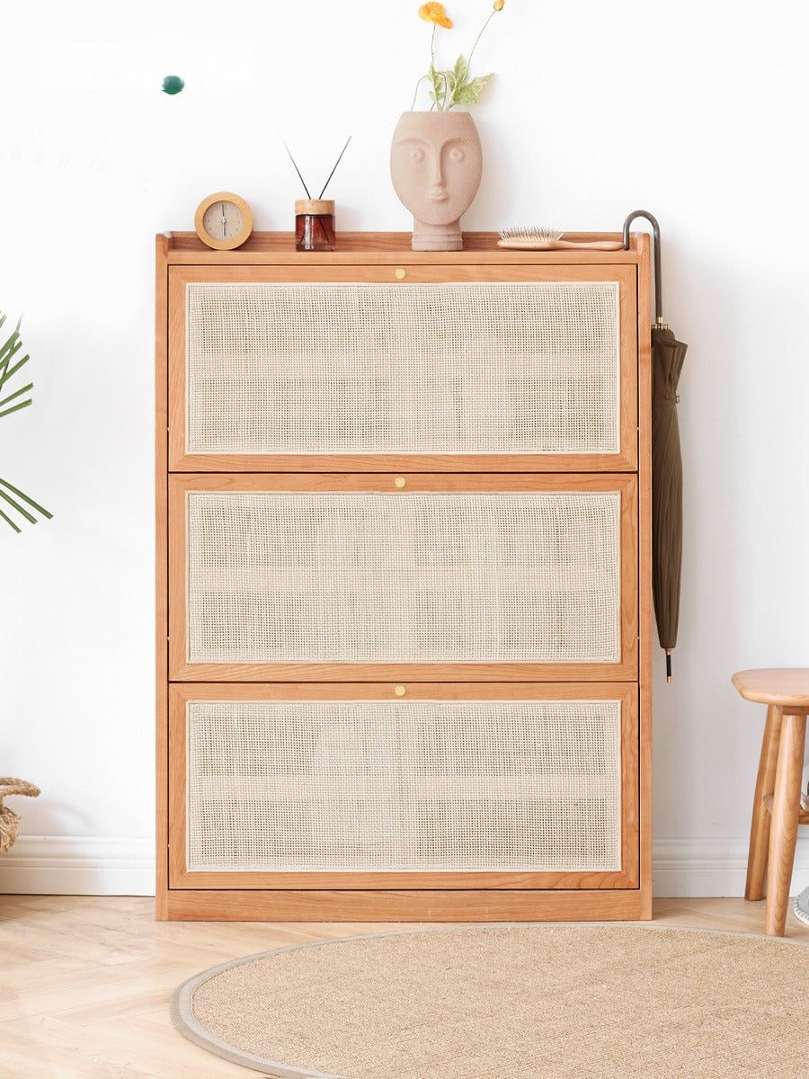 Oak Solid Wood Ultra Thin Flap Door Rattan Shoe Cabinet - Space Saving Entryway Storage Organizer for Hallway, Closet & Mudroom