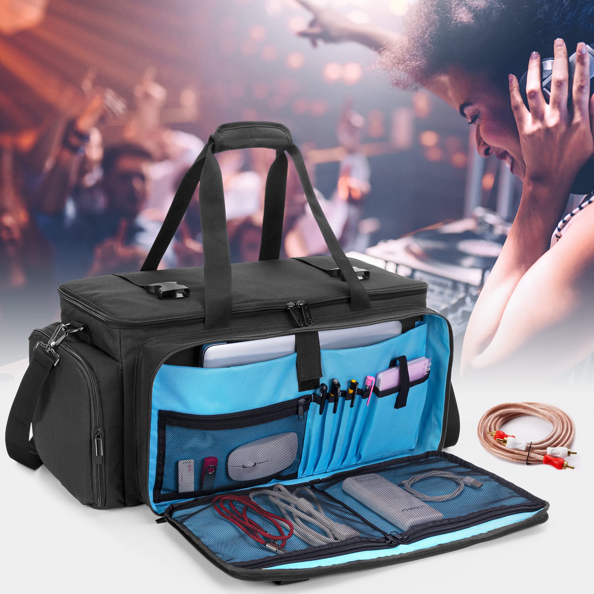 Professional DJ Gig Bag - Heavy Duty Travel DJ Cable Storage Case with Padded Bottom & Adjustable Dividers | DJ Equipment Organizer for Microphones, 14