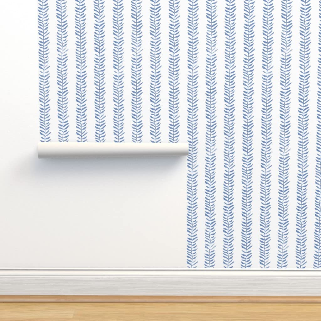 Premium Commercial Grade Wallpaper Swatch - Indigo Botanical Leaf Stripe Pattern, Blue Garden Block Print Coastal Wallpaper by Spoonflower | Perfect for Living Room, Bedroom, Nursery & Home Office Decor