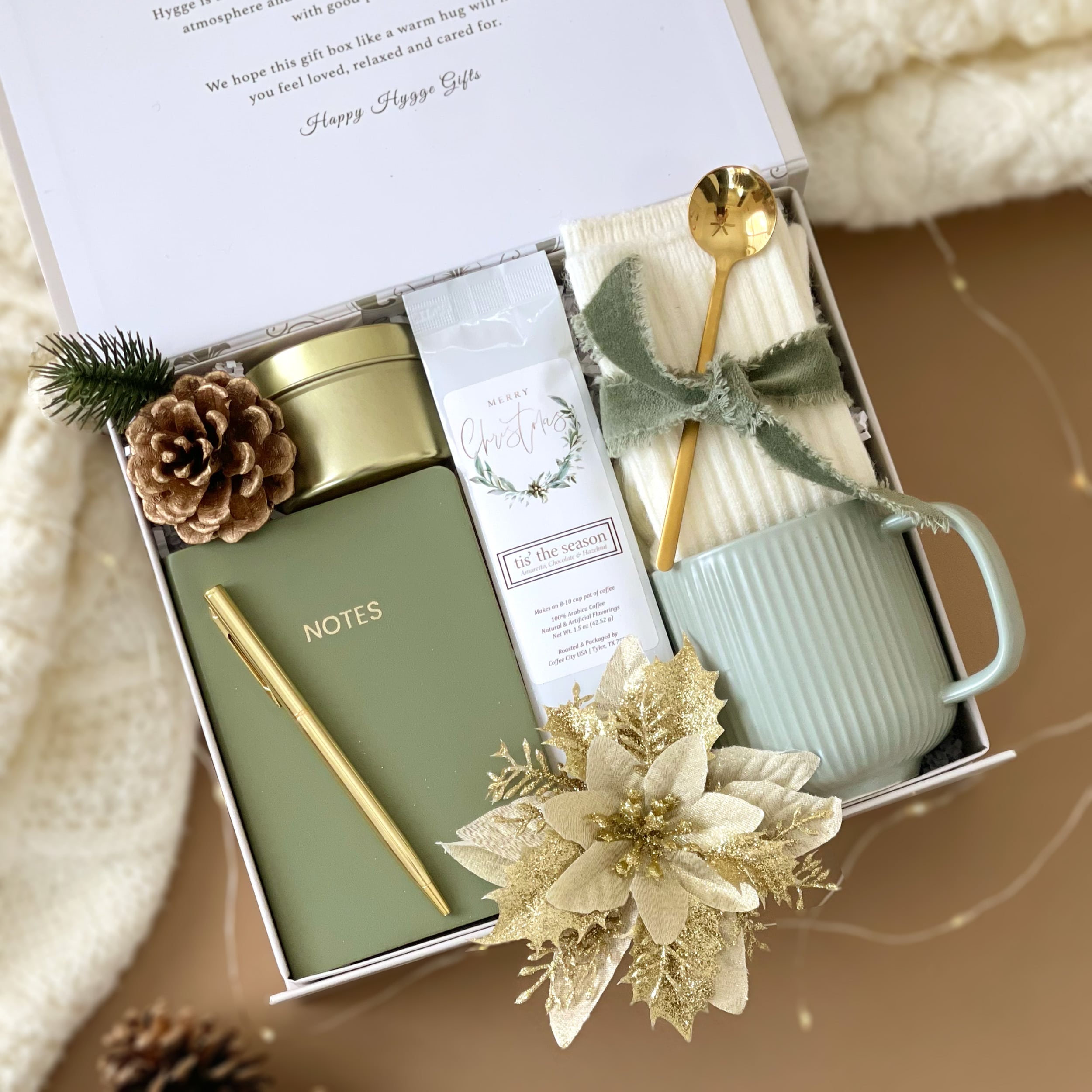 Christmas Hygge Gift Basket Set - Notebook, Scented Candle, Premium Coffee & Cozy Socks - Perfect for Holiday Gifting, Self-Care & Cozy Winter Nights