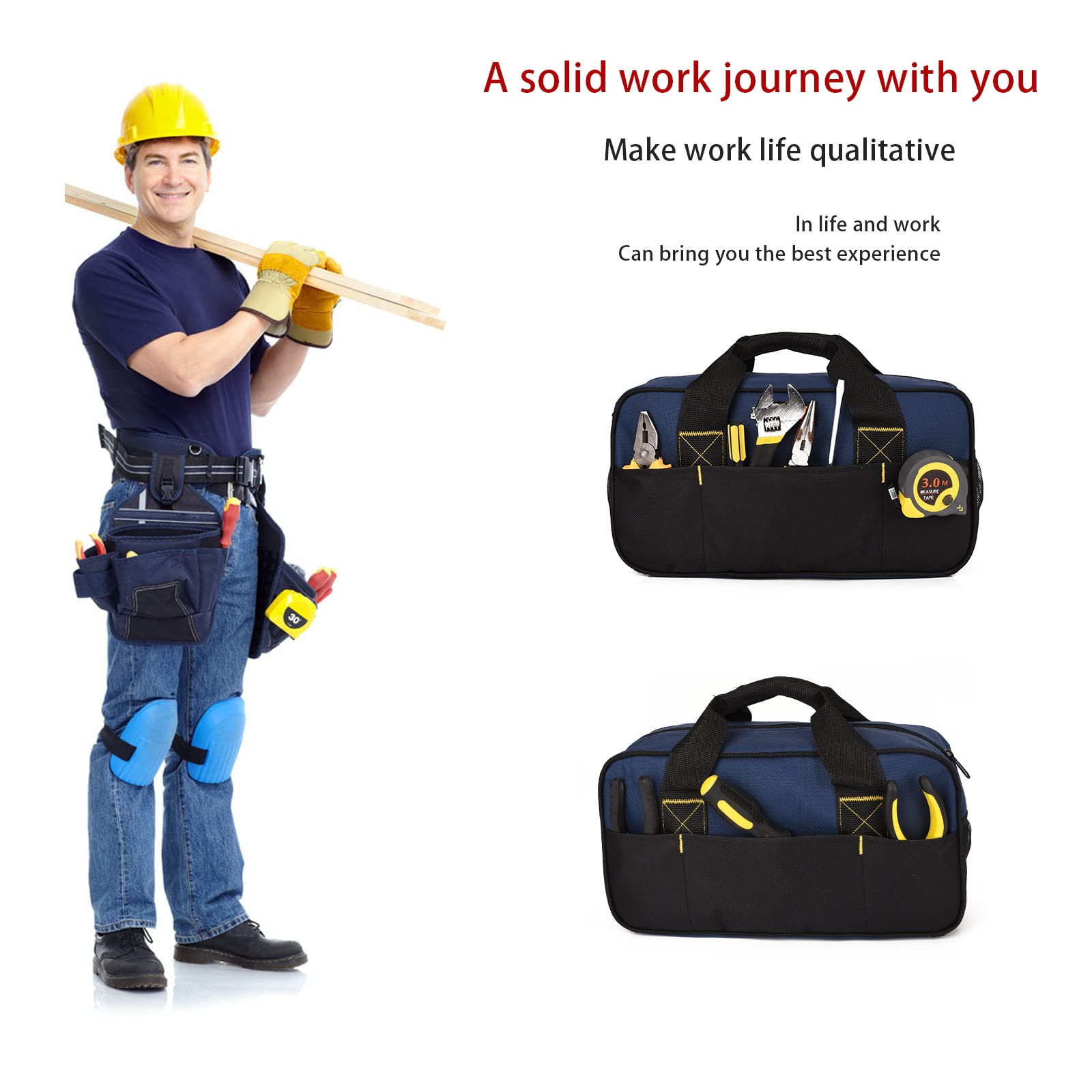 14 Inch Small Tool Bag - Waterproof Wide Mouth Electrician's Tote with Double Fabric Storage (Black+Blue) | Perfect for Electricians, Repairmen & DIY Home Improvement Projects