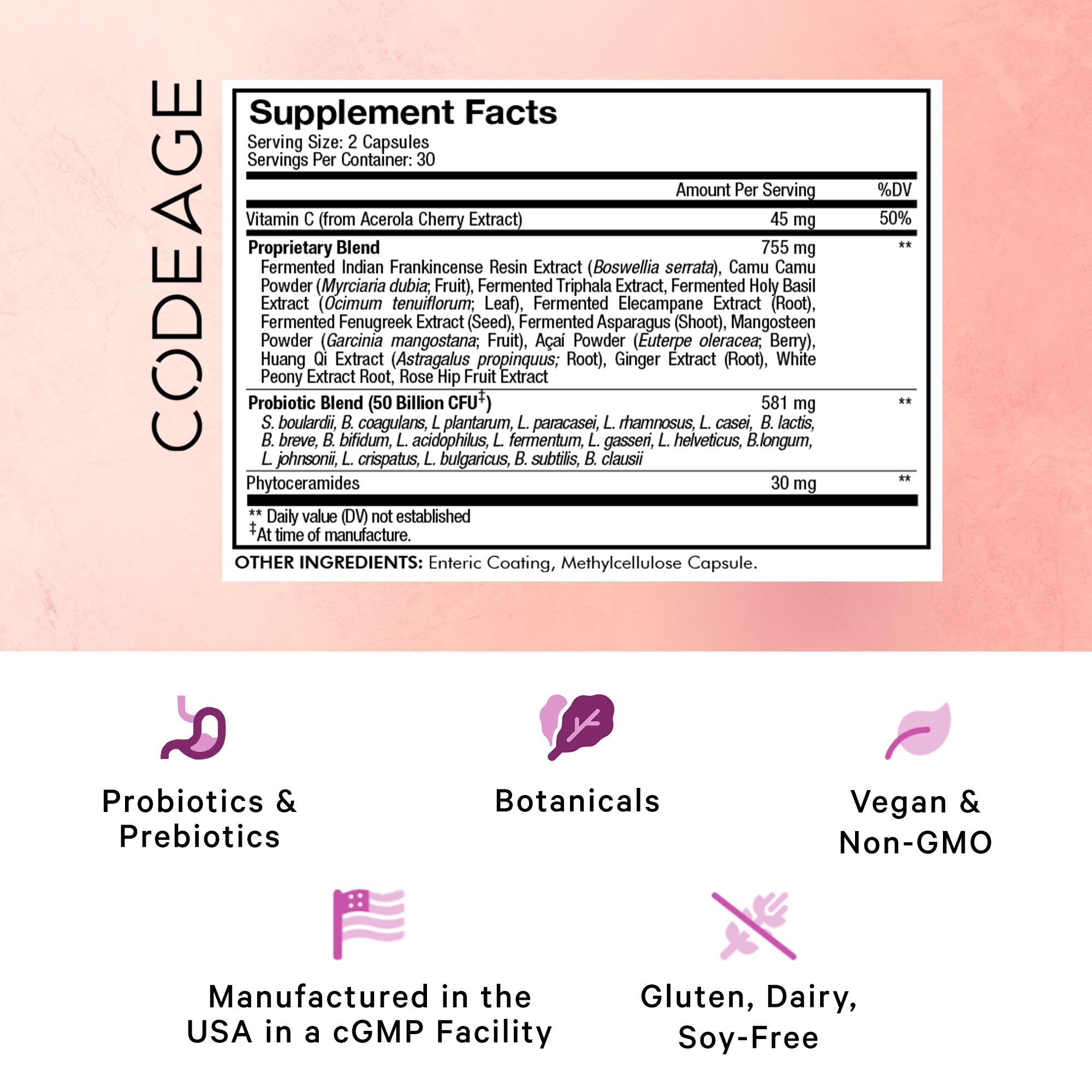 Codeage Skin Probiotics 50 Billion CFU with Prebiotics - Supports Healthy Skin & Gut Flora - Perfect for Daily Wellness & Skincare Routine