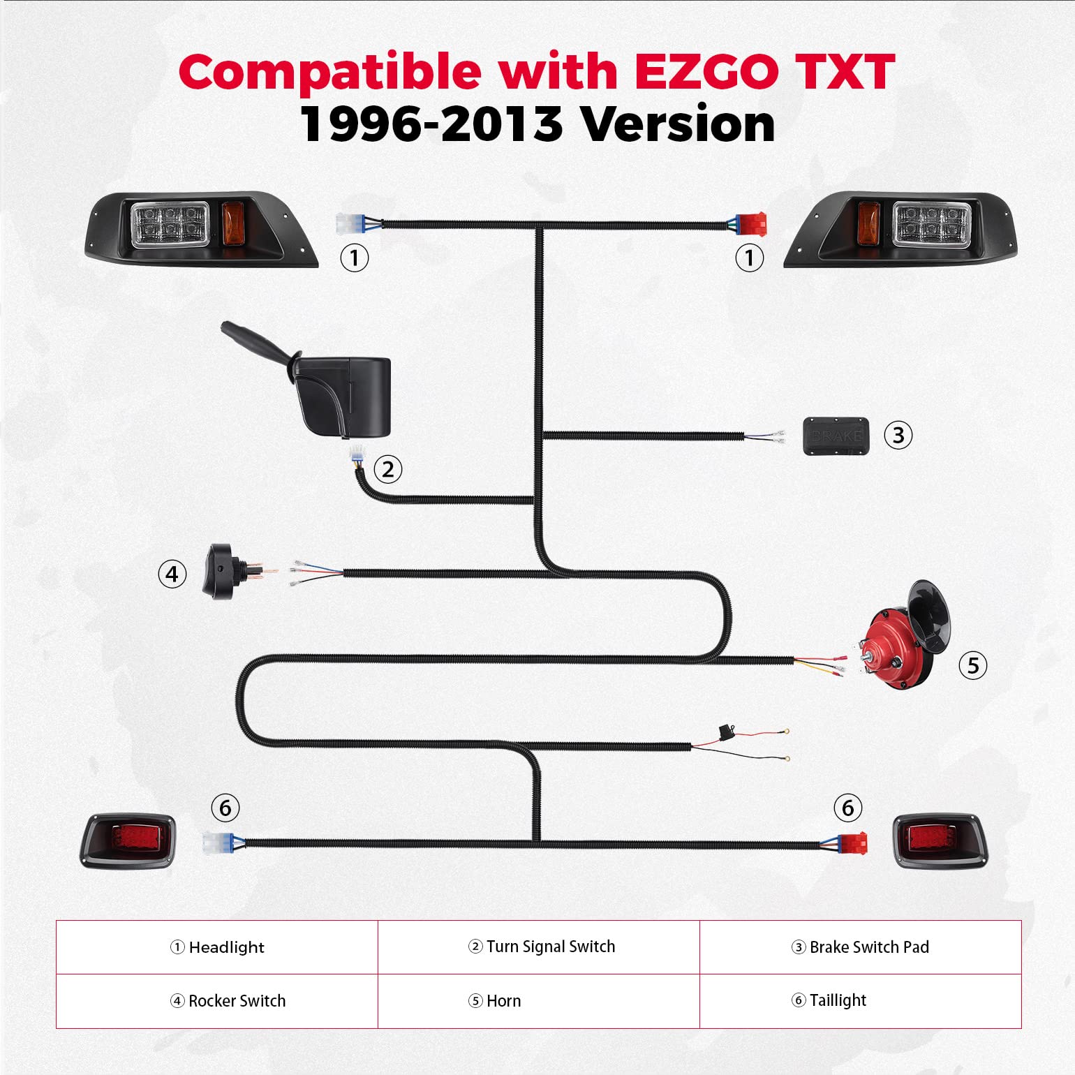 KEMIMOTO Deluxe Golf Cart LED Light Kit for EZGO TXT 1996-2013 - 12V Street Legal LED Headlights, Taillights with Turn Signals, Hazard Light Switch, Horn & Brake Pad | Perfect for Night Driving, Neighborhood Cruising & Golf Course Safety