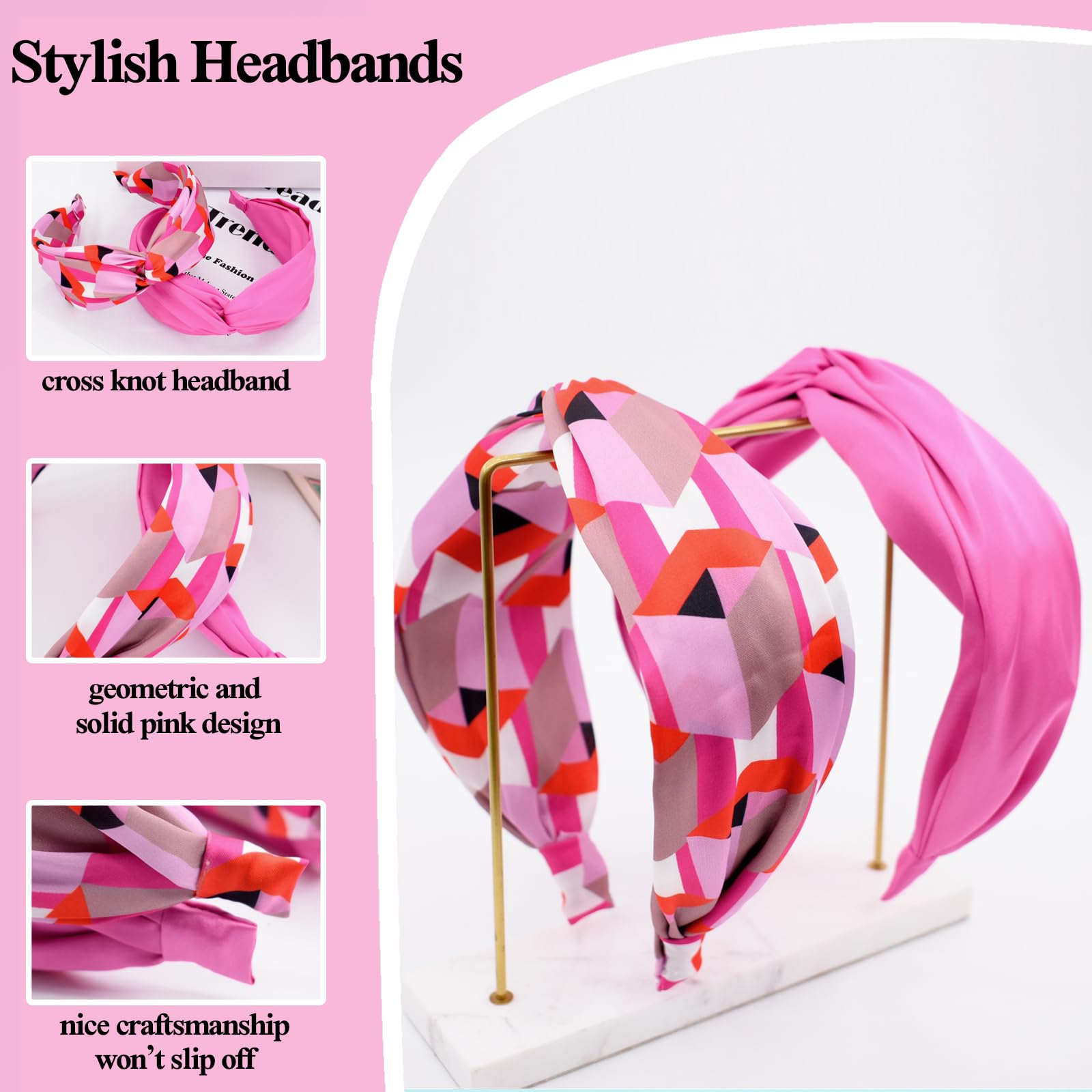 BEGOOD Women's Knotted Headbands - 2PCS Wide Pink Turban Hair Accessories for Girls & Women | Fashion Cross Knot Headbands for Workout, Yoga, and Everyday Style
