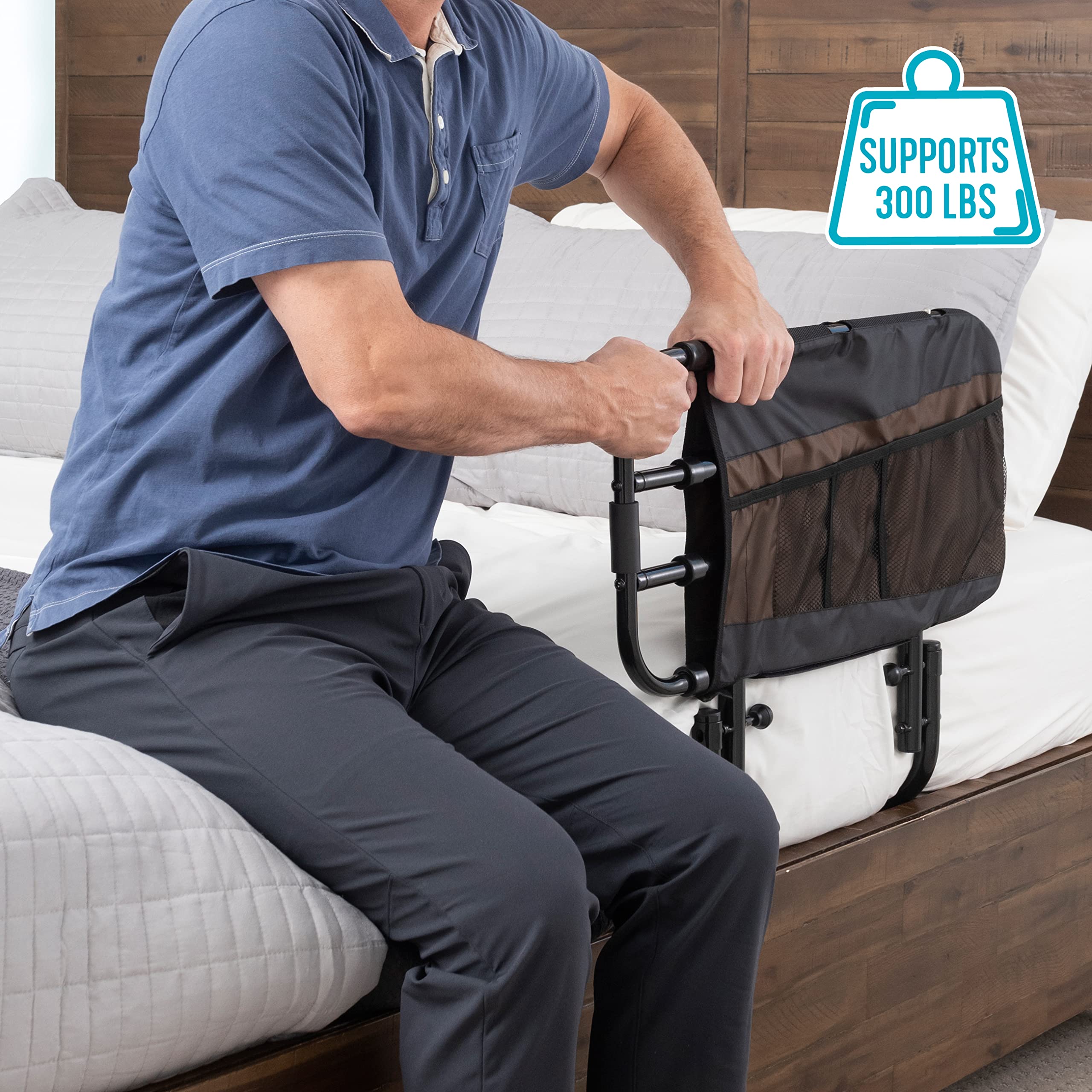 Stander EZ Adjust Bed Rail - Adjustable Safety Bed Rail & Assist Grab Bar for Elderly Adults with Organizer Pouch | Fall Prevention & Mobility Aid for Seniors at Home