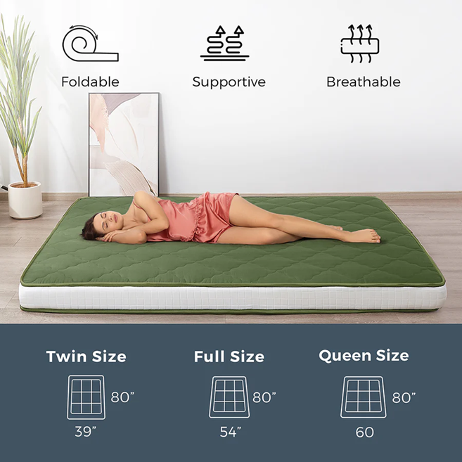 MAXYOYO Padded Japanese Floor Mattress - Green Foldable Roll Up Futon Mattress for Bedroom, Guest Room & Travel | Comfortable Floor Sleeping & Lounging