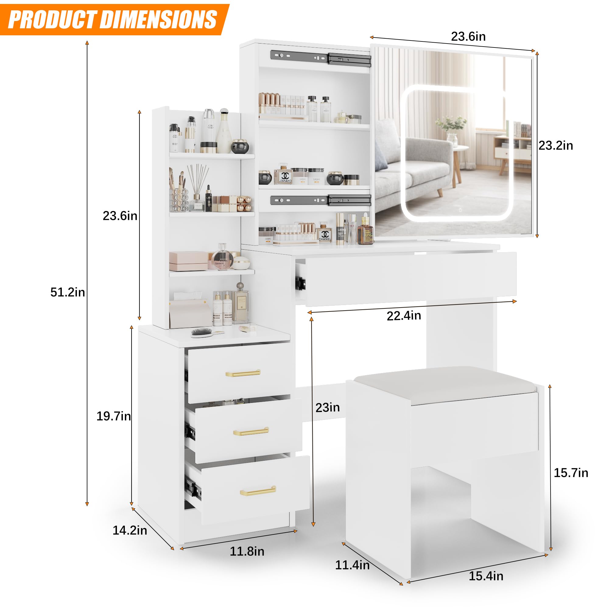 Vanity Desk with LED Lights & Mirror, Makeup Dressing Table with Sliding Lighted Mirror, Power Outlet, 4 Drawers & Storage Shelves, Includes Cushioned Stool - Perfect for Bedroom, Home Salon & Beauty Room (White)