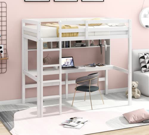OCTM White Wood Loft Bed with Built-in Desk & Shelves - Twin Size Kids Bed with Safety Guardrail & Ladder for Boys and Girls - Perfect for Small Bedrooms, Dorm Rooms & Space-Saving Kids' Rooms