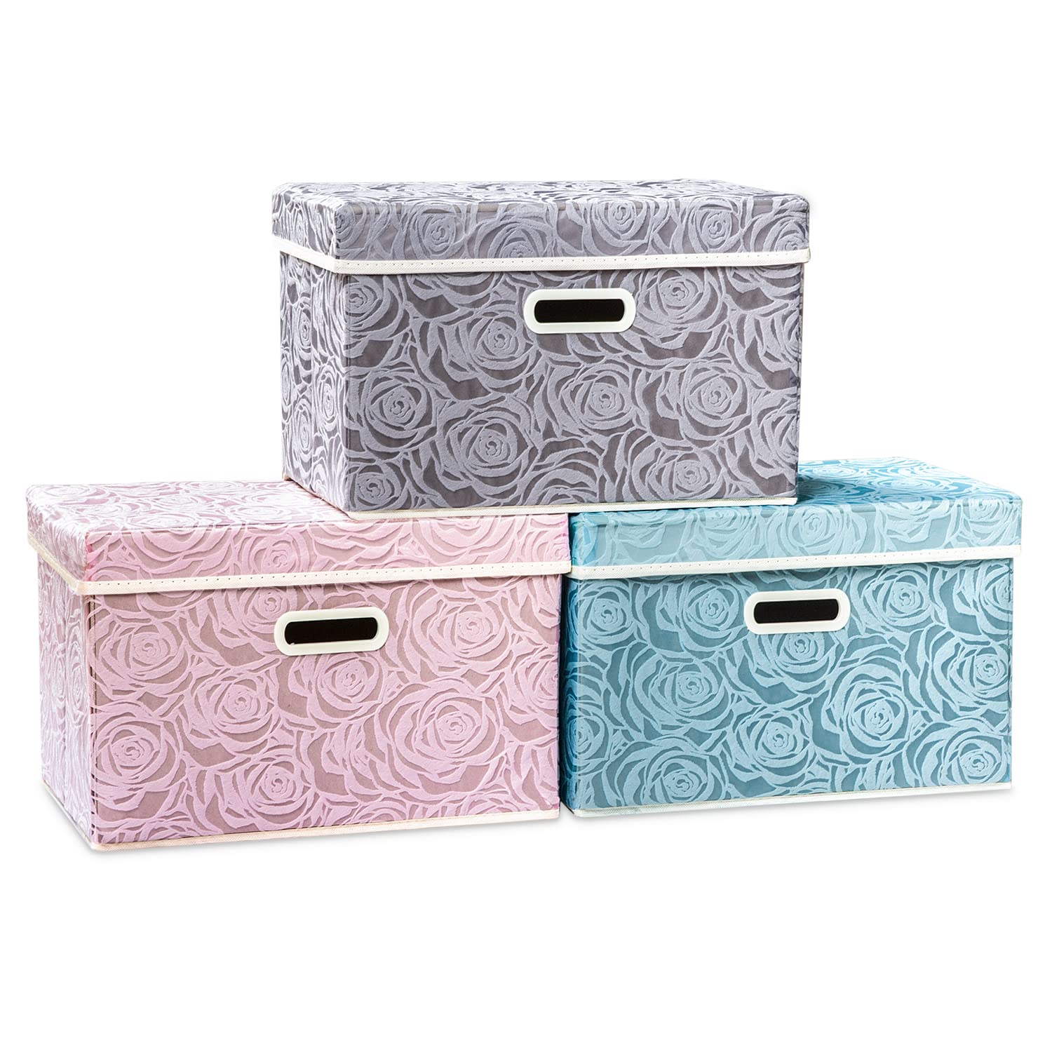 Prandom Foldable Fabric Storage Bins with Lids - 3 Pack Collapsible Organizer Boxes with Handles (14.9x9.8x9.8 Inch) for Closet, Bedroom, Living Room & Office Organization - Space Saving Home Decor Storage Solution