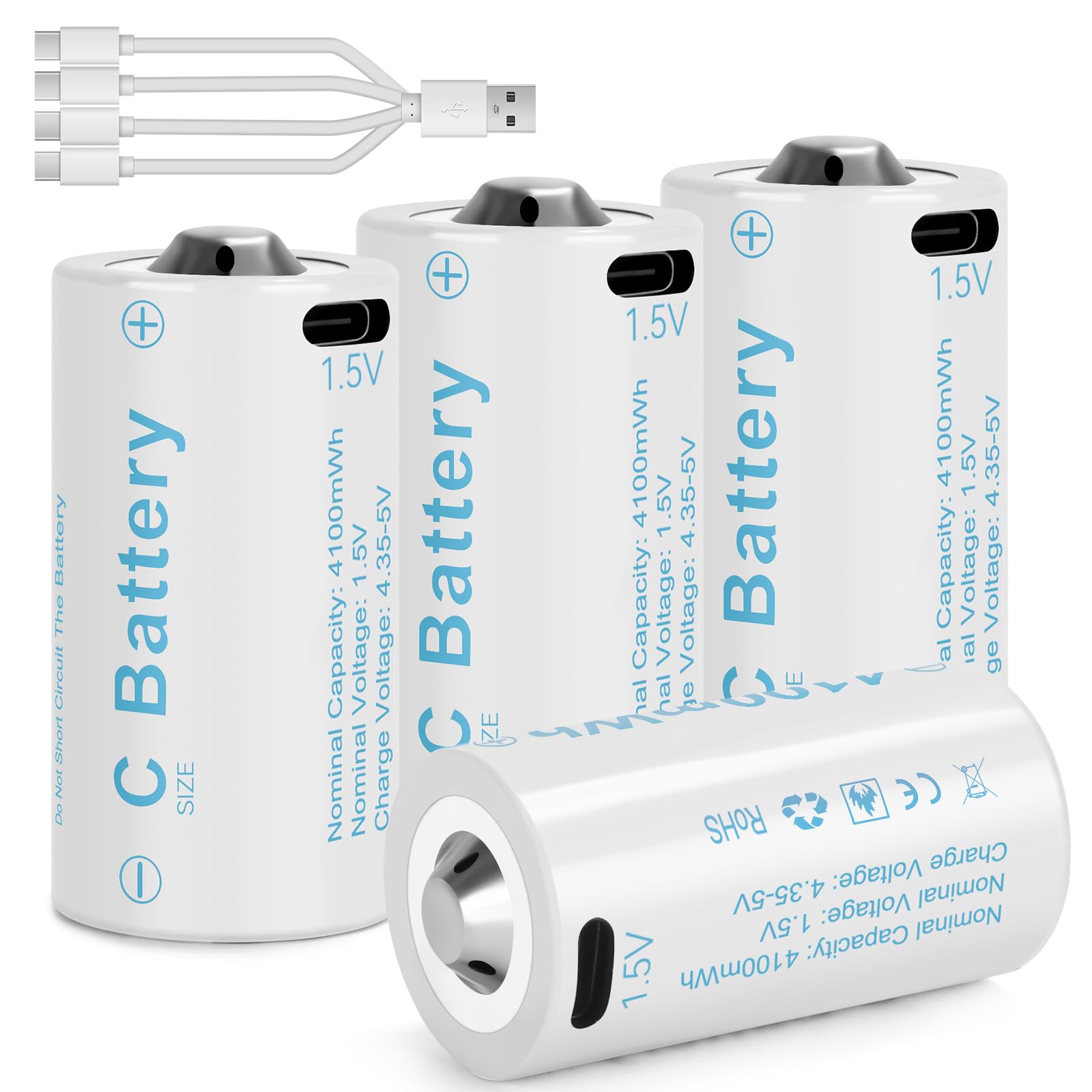 Rechargeable C Batteries 4 Pack - 4100mWh 1.5V Lithium LR14 Batteries with USB-C Charging | Long Lasting Power for Toys, Flashlights, Flood Lights & Emergency Devices