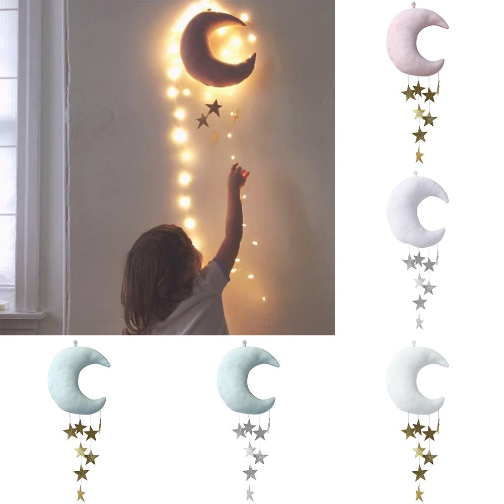 Moon and Stars Wall Backdrop for Kids Room - Soft Stuffed Hanging Decor in White & Gold - Perfect for Baby Nursery, Bedroom, and Playroom Decorations