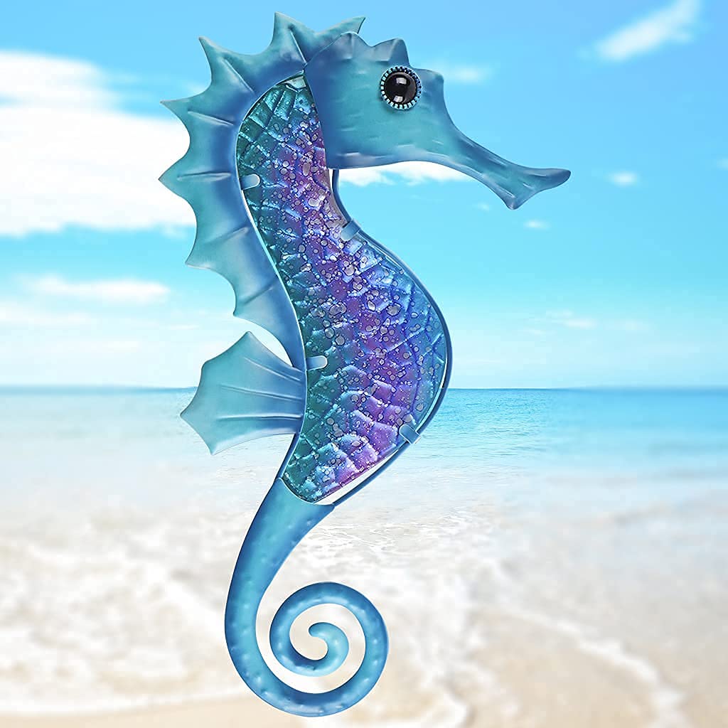 MDLUU Seahorse Wall Decor 14 Inches - Nautical Metal Wall Art, Marine Life Sculpture for Home & Garden - Perfect for Bathroom, Patio, Fence Decor (Blue) | Coastal & Beach House Decorating Idea