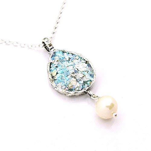 Antique Roman Glass Pearl Necklace with Sterling Silver Pendant - Elegant Vintage Jewelry for Weddings, Anniversaries & Special Occasions
