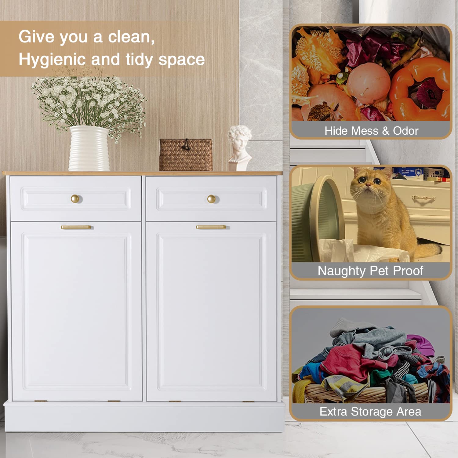 Anbuy Double Kitchen Trash Cabinet - Dual Tilt Out Design with 2 Wood Hideaway Holder Drawers, Freestanding Recycling Bin Organizer (Upgrade White) - Perfect for Small Kitchens, Pantries & Eco-Friendly Homes