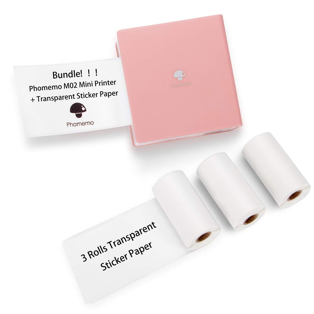 Phomemo M02 Mini Bluetooth Thermal Printer - Portable Photo & Sticker Printer with 3 Rolls Transparent Sticker Paper, iOS & Android Compatible for Planning, Journaling, Study Notes, Art Projects, Office Use & Gifts | Perfect for DIY Crafts, Labeling, Scrapbooking & Small Business Needs