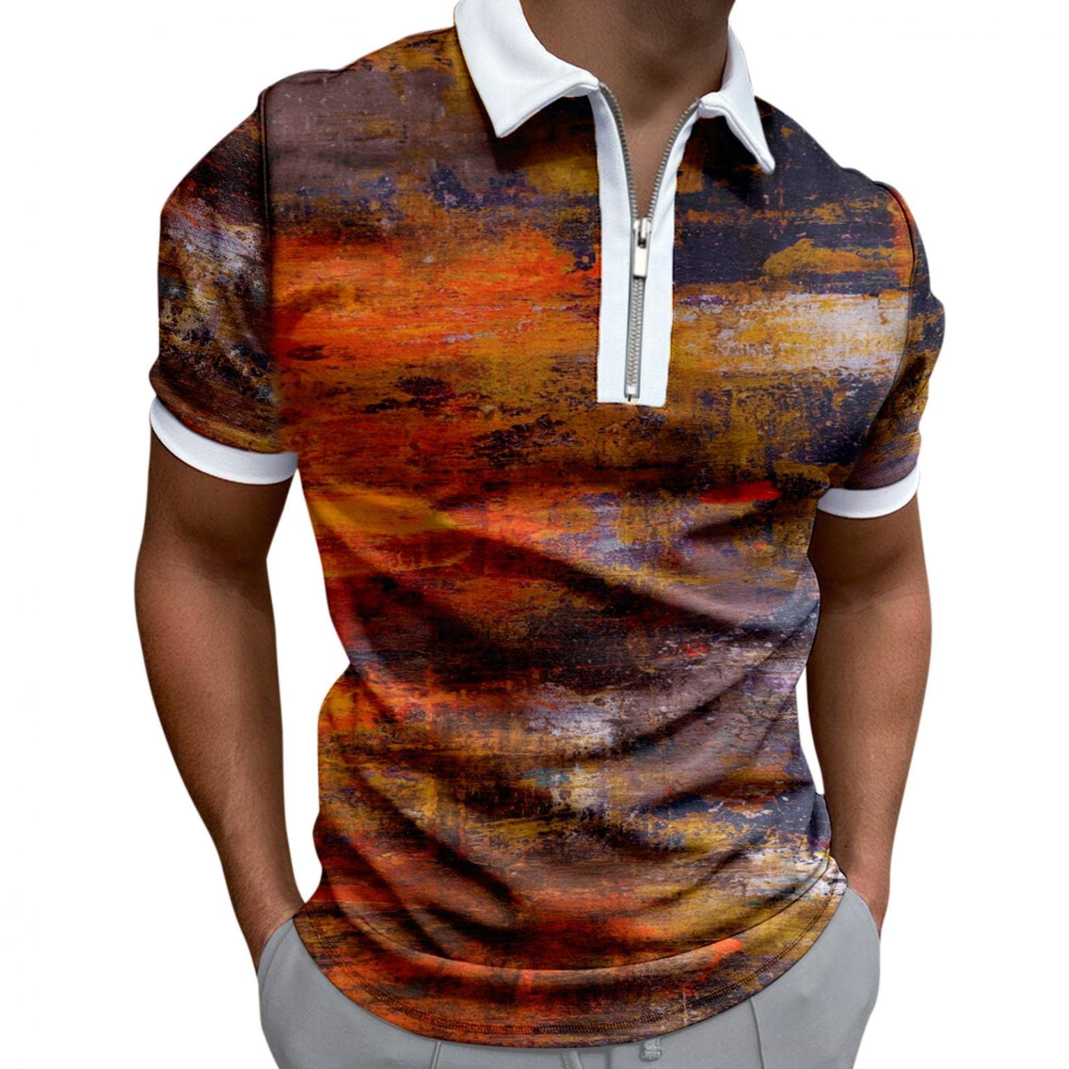 TOWMUS Men's Short Sleeve Casual T-Shirts - Smoke Print Zipper Lapel Mesh Polo Shirts for Golf, Work & Everyday Wear | Breathable & Stylish Men's Tees