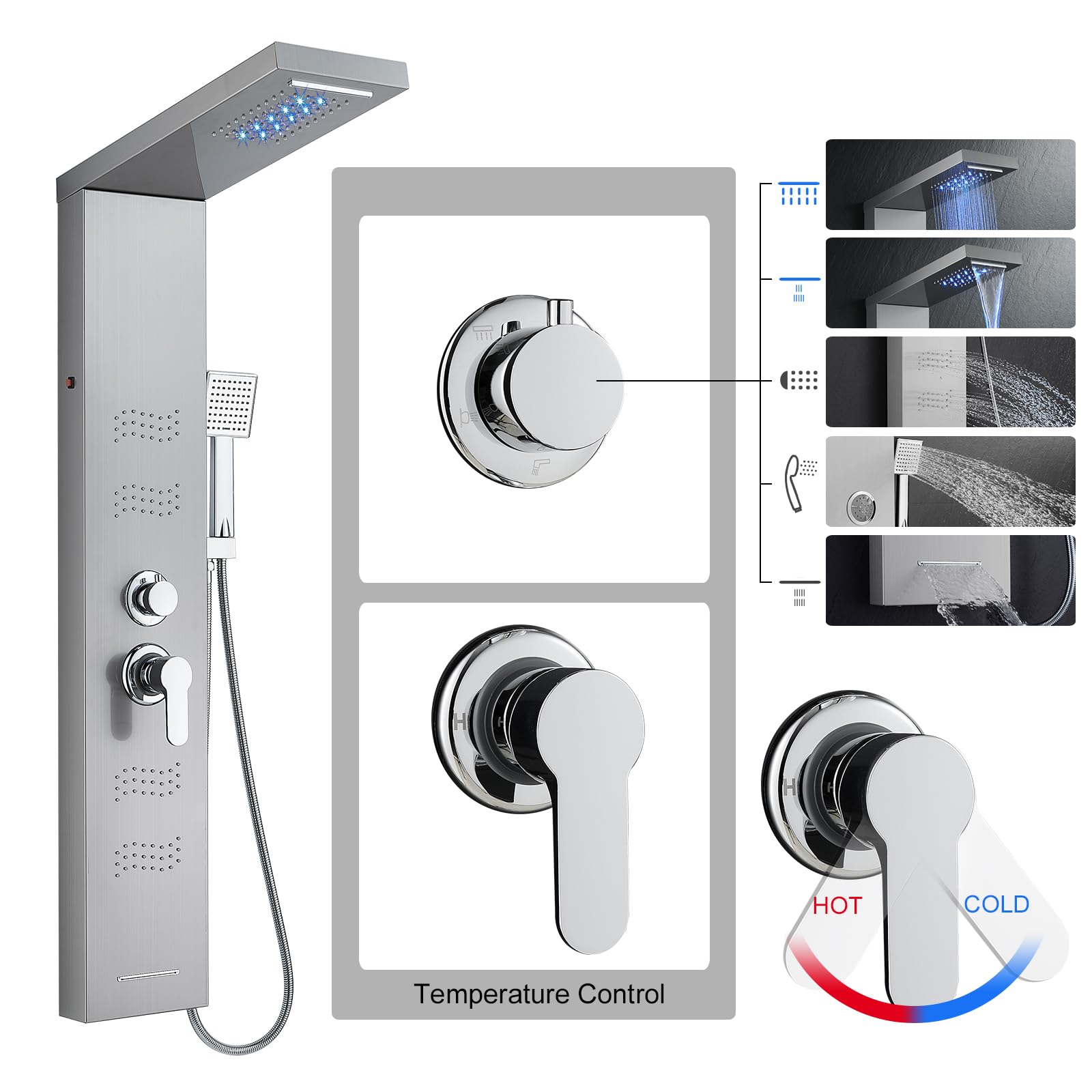 5-in-1 Stainless Steel Shower Panel Tower System with LED Lights - Rainfall Shower Head, Waterfall, Body Spray, Handheld Shower & Tub Spout (Brushed Nickel) | Perfect for Modern Bathroom Renovation & Spa-Like Shower Experience