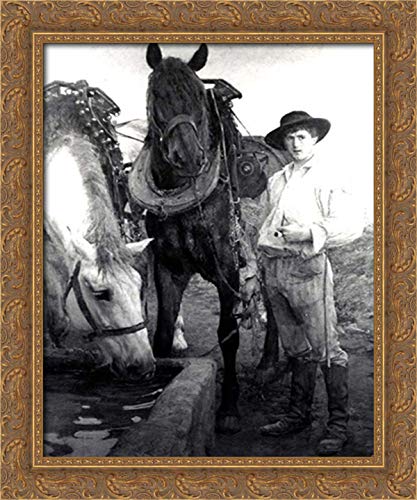 Pascal Adolphe Jean Dagnan Bouveret Horses at Watering Trough 20x24 Gold Ornate Wood Framed Canvas Art - Elegant Wall Decor for Living Room, Bedroom & Office