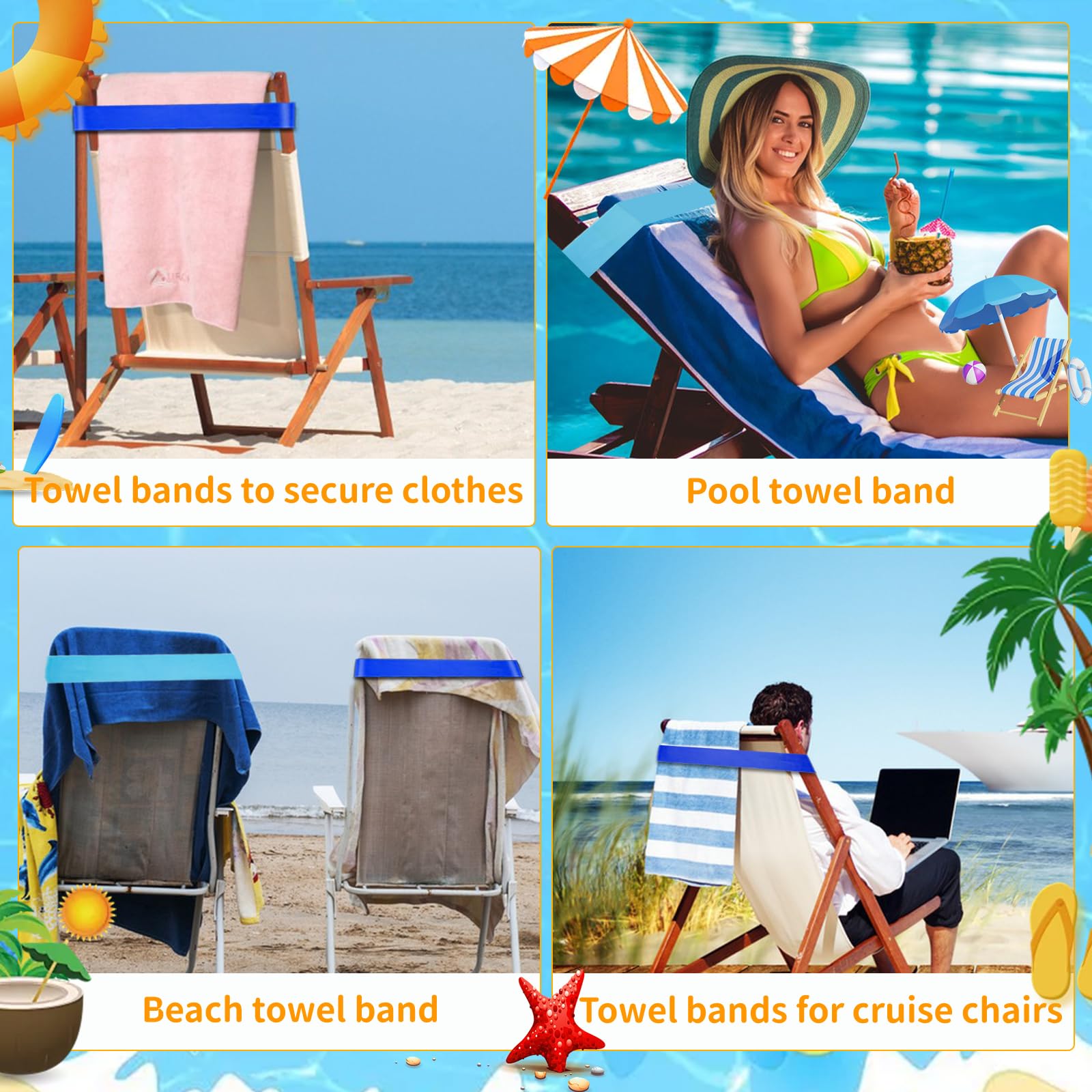8 Pack Stretchable Beach Towel Bands for Cruise Chairs & Pool Loungers - 2025 Must-Have Travel Accessories | Secure Towel Clips Alternative for Beach, Poolside & Vacation Use