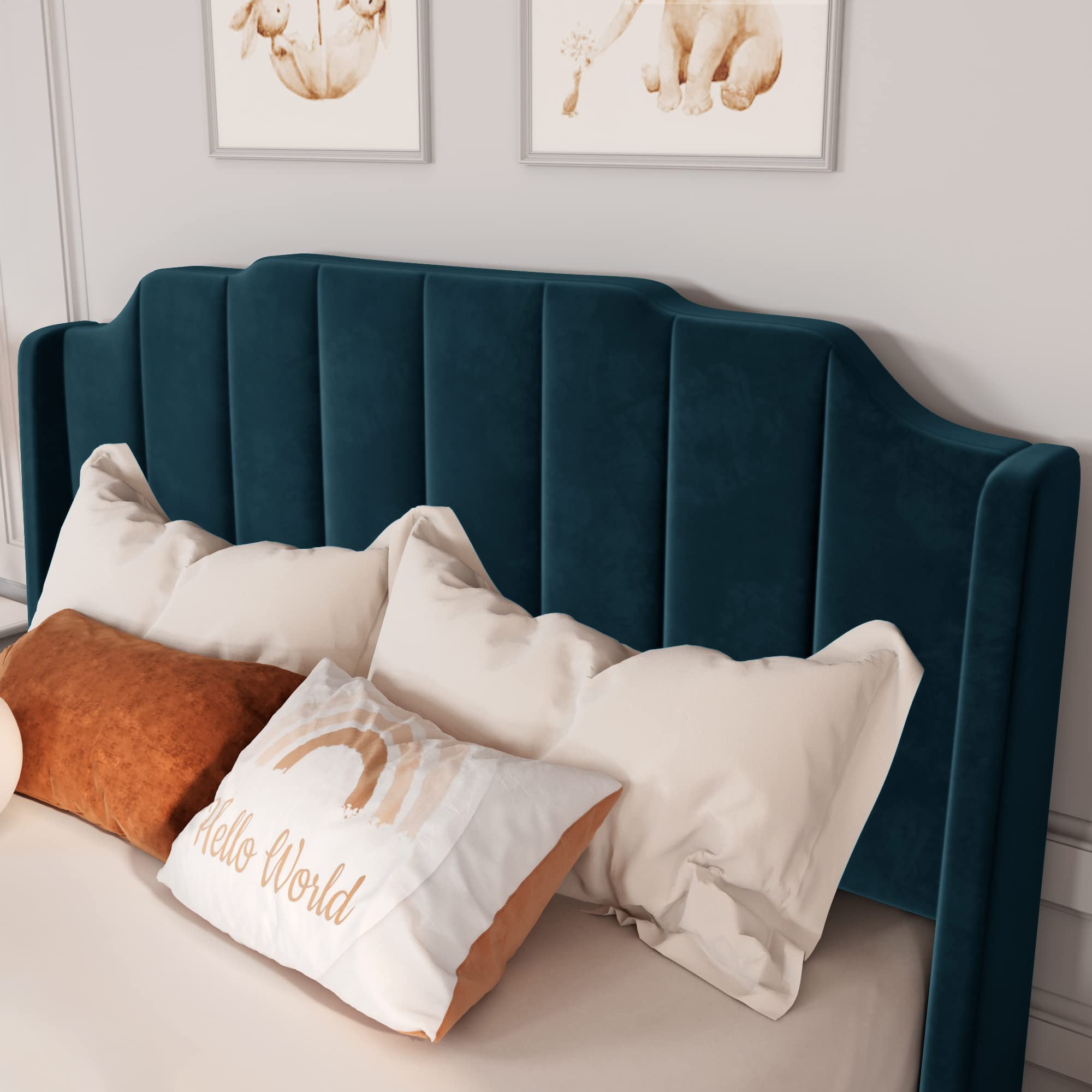 Allewie Queen Size Velvet Upholstered Platform Bed Frame with Vertical Headboard & Footboard - Solid Wood Legs, Sturdy Slat Support (No Box Spring Needed) - Easy Assembly in Navy Blue - Perfect for Modern Bedrooms & Guest Rooms