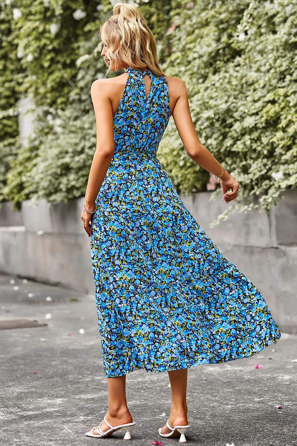 PRETTYGARDEN Women's Floral Maxi Dress - Sleeveless Boho Summer Dress with Halter Neck, Flowy Ruffle Hem & Adjustable Belt | Beach Wedding, Vacation, Party Outfit