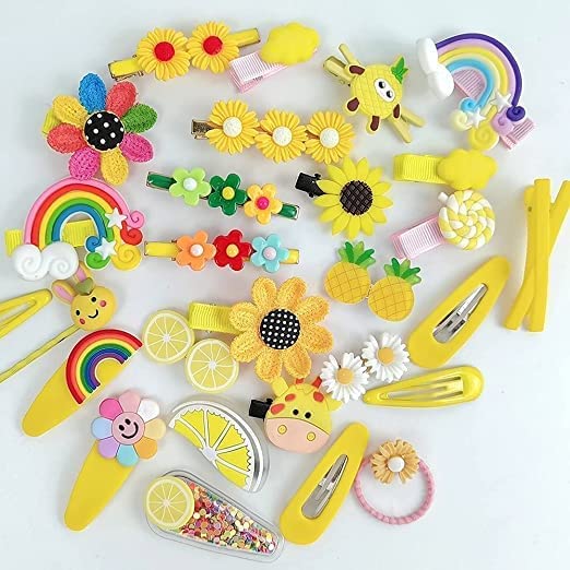 14 Pcs Yellow Unicorn Ice Cream Hair Clips Set for Girls Toddlers - Cute Barrettes Hair Accessories for Kids Birthday Party, School, Daily Use (Random Colors)