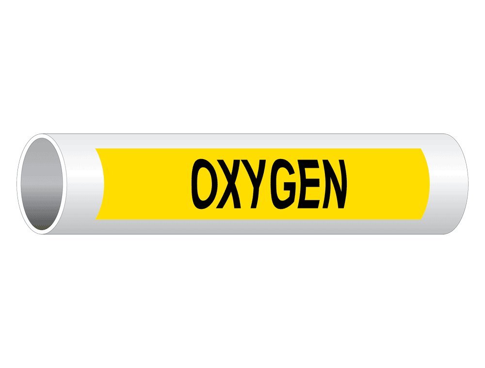 Oxygen Pipe Label Decal - 8x2 Inch Vinyl Pipe Markers (5-Pack) | Black Legend on Yellow Background | OSHA & ANSI Compliant Hazmat Signs | Perfect for Industrial Gas Lines, Laboratory Pipes & Workplace Safety Identification