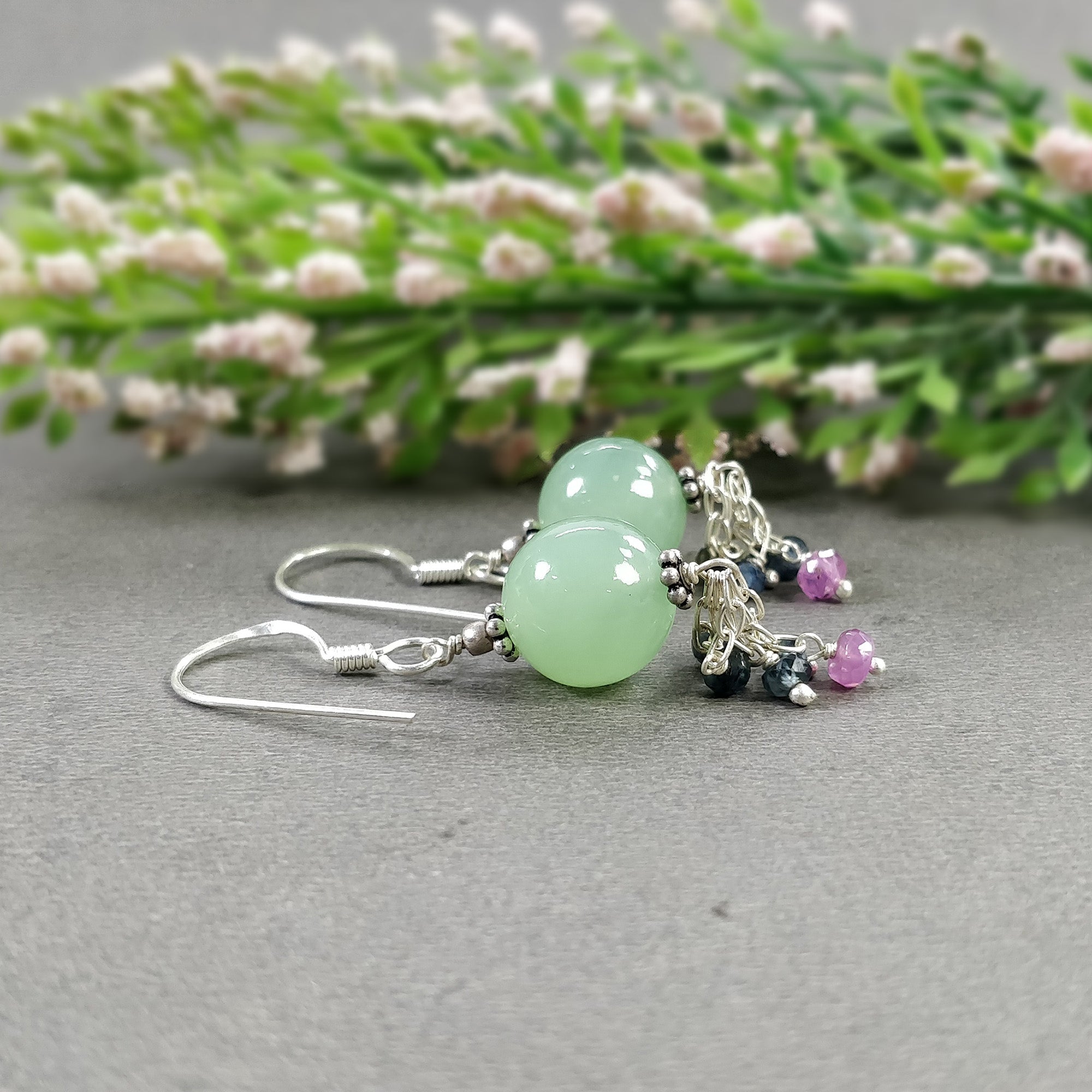 925 Sterling Silver Serpentine Blue Pink Sapphire Gemstone Beaded Drop Dangle Hook Earrings - 5.70gms Natural Stone Jewelry for Women, Gift for Her, Perfect for Parties, Weddings & Special Occasions