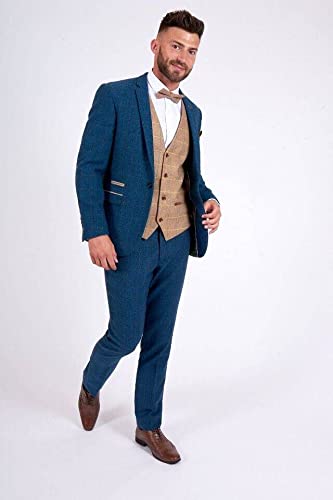 Vintage Blue Tweed Herringbone Wool 3-Piece Men's Tuxedo Suit Set - Jacket, Vest & Pants for Weddings, Prom & Formal Events