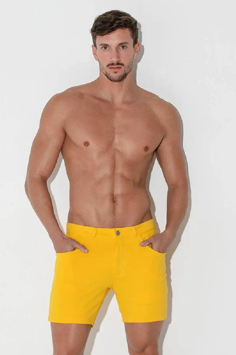 Code 22 Slim Fit 5-Pocket Stretch Shorts for Men - Comfortable Casual Wear (Yellow) | Perfect for Summer, Gym & Outdoor Activities