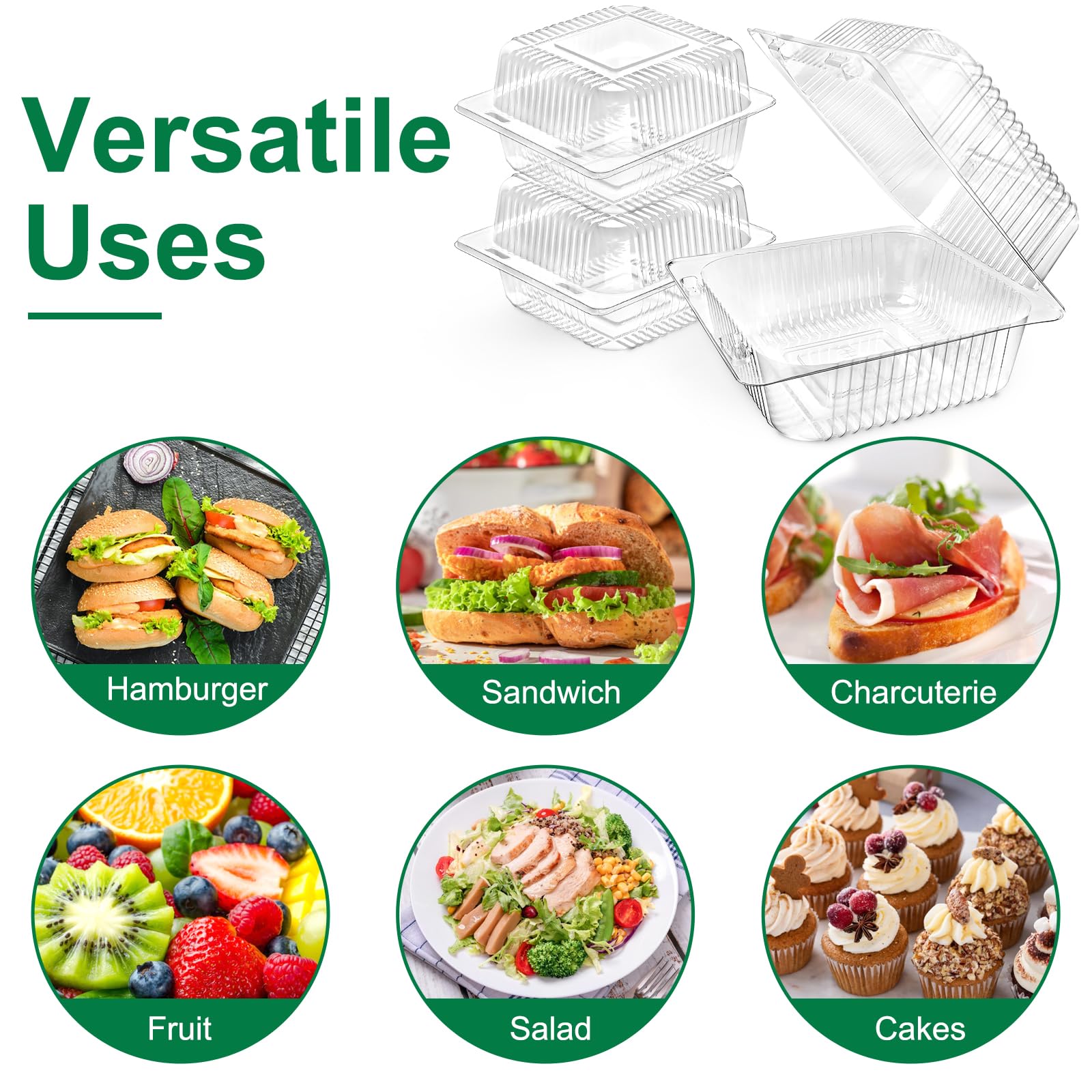 TOFLEN 100pcs Clear Plastic Cake Containers - Hinged Lids for Mini Cakes, Desserts & Salads - Perfect for Takeout & Parties