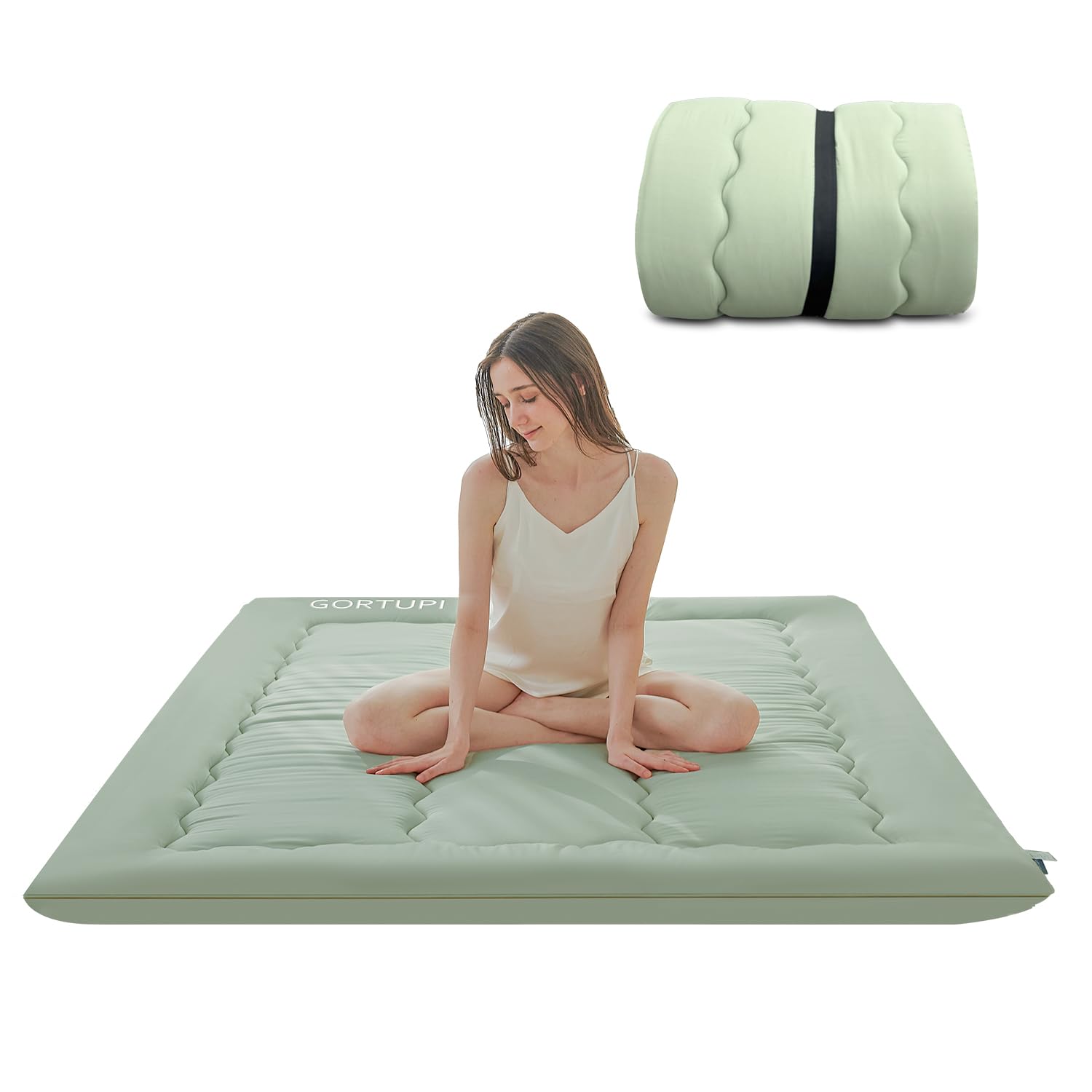 Japanese Queen Floor Mattress - Foldable Futon Mattress for Floor Bed, Tatami Sleeping Mat, Roll-Up Mattress Topper - Green - Perfect for Guest Rooms, Small Spaces & Minimalist Living