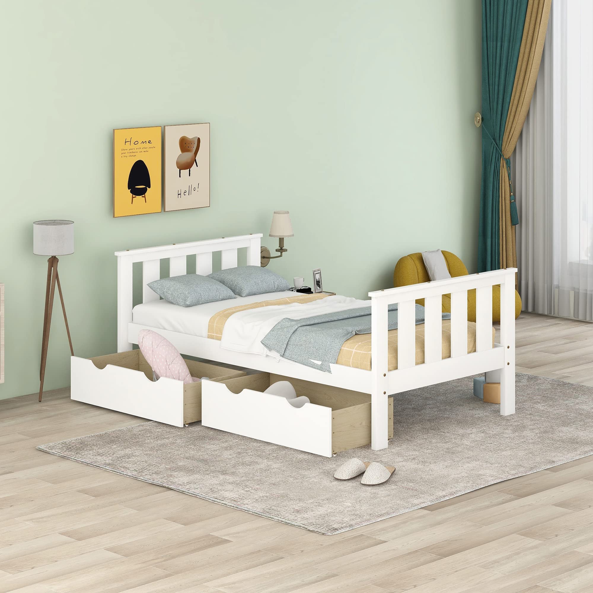 Merax Twin Size Wooden Platform Bed Frame with Headboard, Footboard & 2 Storage Drawers - White | Space-Saving Bedroom Furniture for Small Rooms, Dorms & Guest Rooms