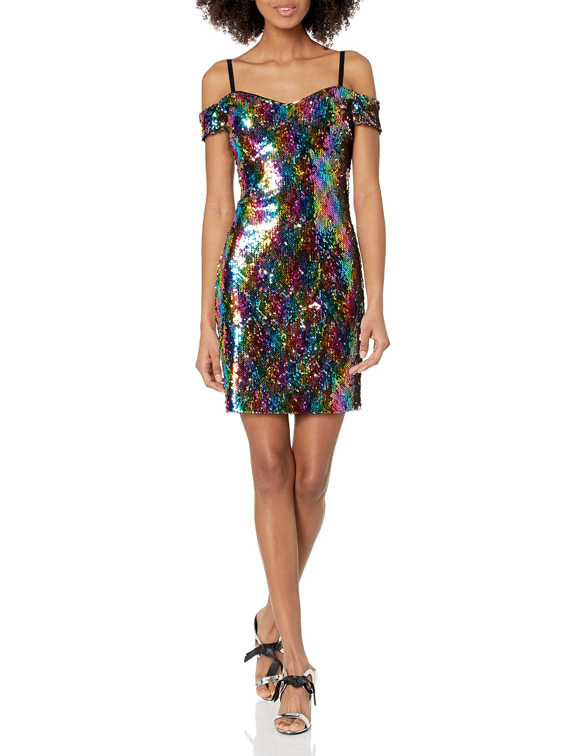 GUESS Women's Rainbow Sequin Off The Shoulder Party Dress - Elegant Cocktail & Evening Gown for Prom, Wedding, Date Night & Special Occasions