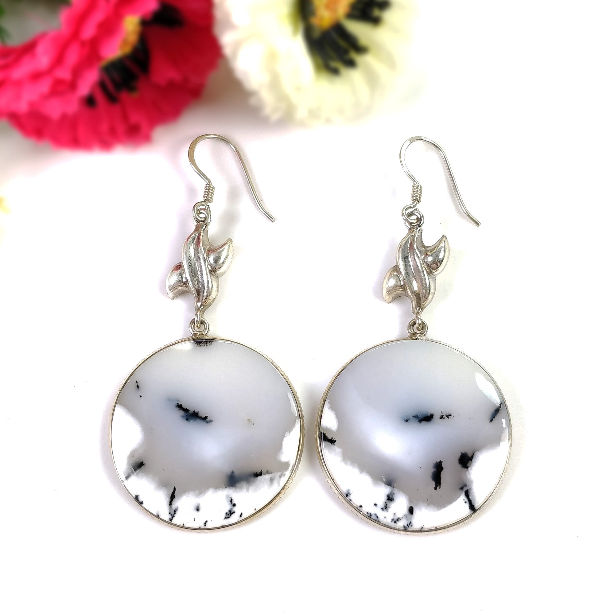 Botswana Agate Gemstone Earrings - 17.15g Natural 925 Sterling Silver Bi-Color Round Bezel Set Drop Dangle Hook Earrings (2.5 Inches) | Elegant Jewelry for Women, Perfect for Parties, Weddings & Special Occasions