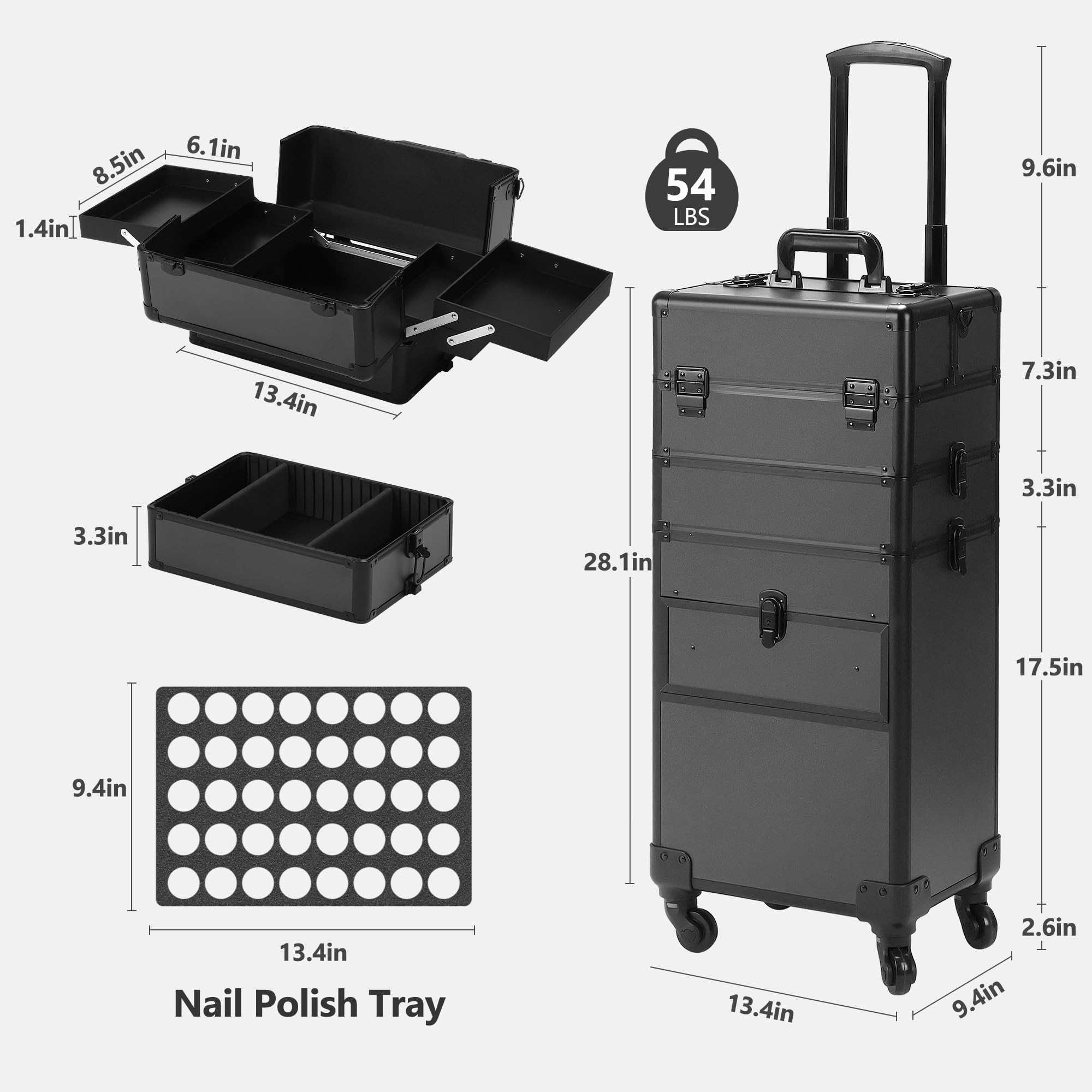 4 in 1 Rolling Makeup Case with Wheels & Drawers - Professional Cosmetic Organizer for Salon, Barber & Travel - Bright Black - Perfect for Mobile Stylists & On-the-Go Beauty Professionals