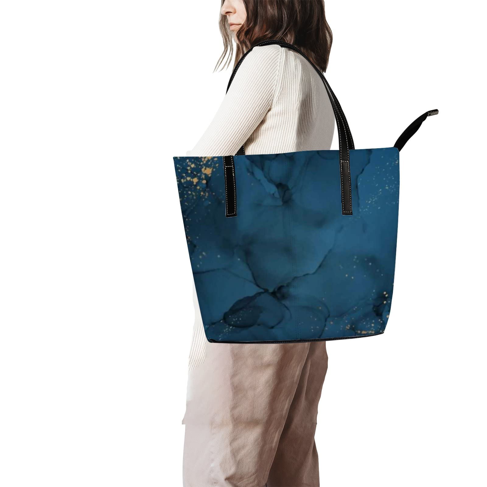 Vintage Navy Blue Leather Tote Bag with Gold Glitter Accents - Women's Crossbody & Work Handbag with Secure Zipper Closure | Perfect for Office, Travel & Everyday Use