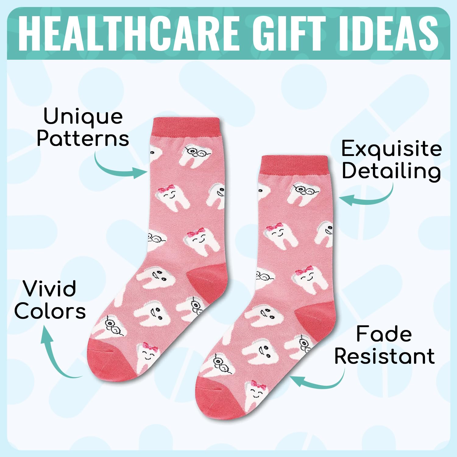 HappyPop Funny Tooth Socks - Cute Dental Gifts for Women, Dentists & Hygienists, Perfect for Dental Students & School Graduation - Ideal for Gag Gifts, White Elephant & Office Parties
