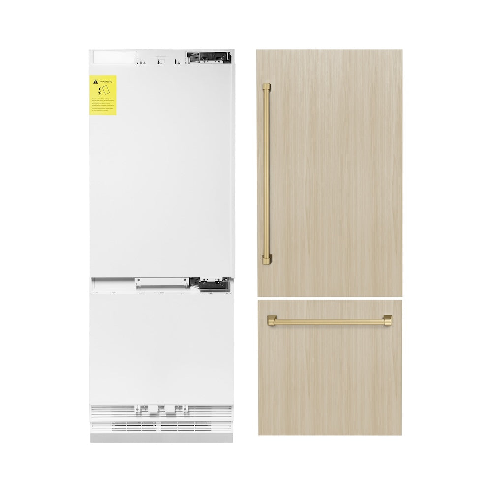 ZLINE Autograph Edition 30 Inch 16.1 Cu Ft Panel Ready Built-In Bottom Freezer Refrigerator with Water Dispenser & Ice Maker - Champagne Bronze Accents (RBIVZ 30 CB) - Perfect for Modern Kitchens & Open Concept Homes