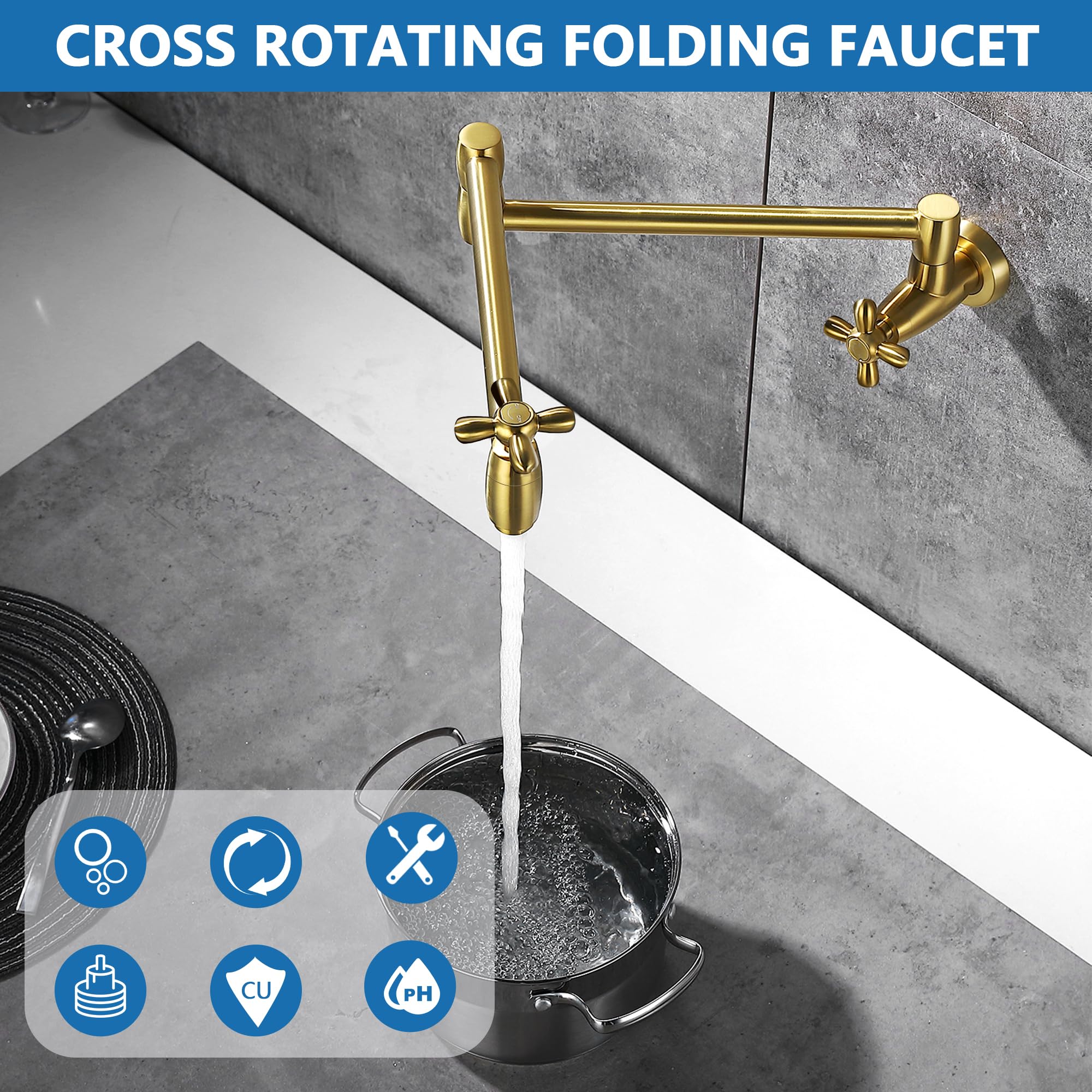 Brushed Gold Wall Mounted Pot Filler Faucet with Swing Arm - Brass Stove Faucet with Extendable Arm & Dual Cross Handles - Perfect for Kitchen Sink, Cooking Area, and Behind Stove Installation