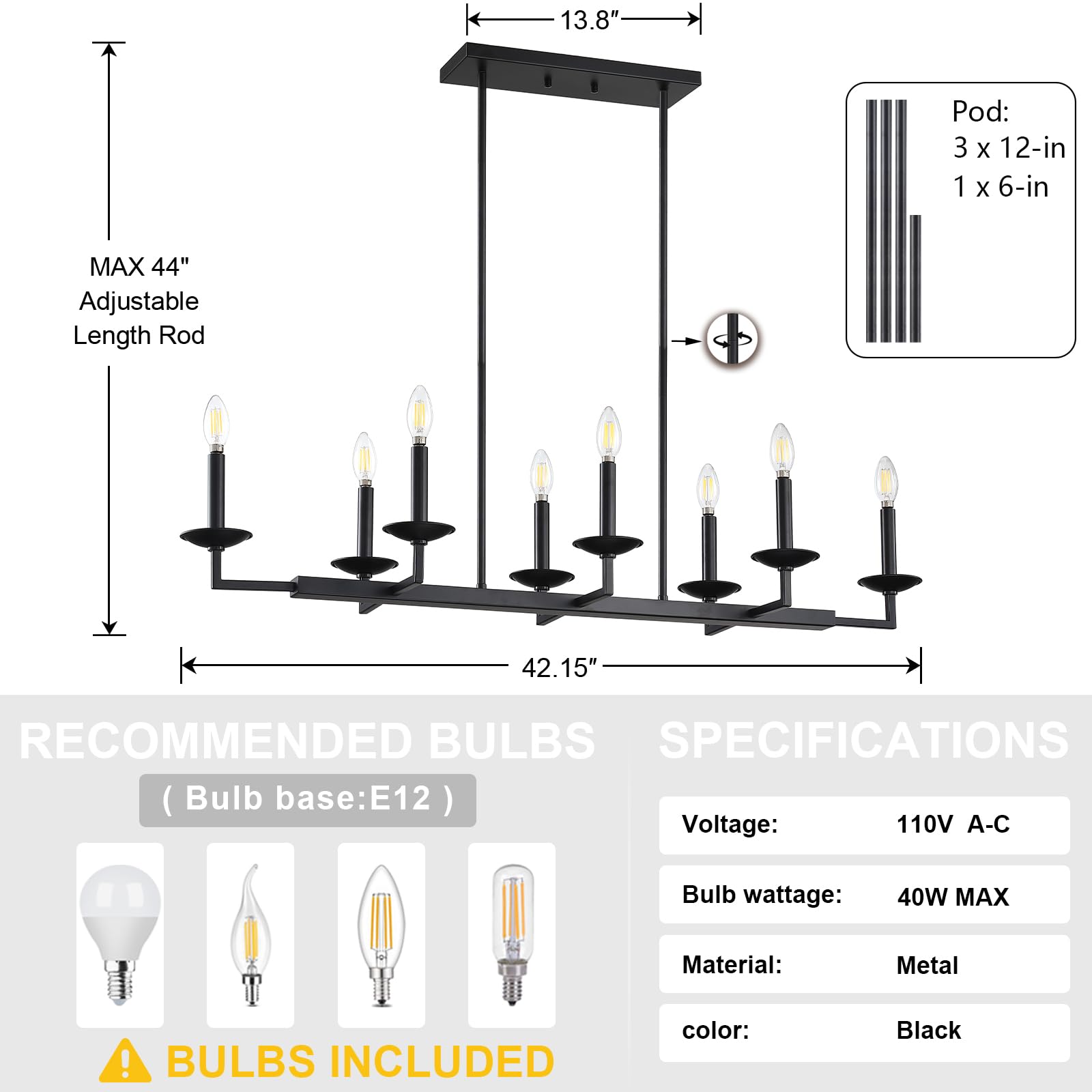 8-Light Linear Kitchen Island Pendant Light - Modern Industrial Chandelier with Black Finish - Rectangular Farmhouse Lighting for Kitchen, Dining Room, Bar & Foyer - Perfect for Open Concept Spaces and Statement Lighting