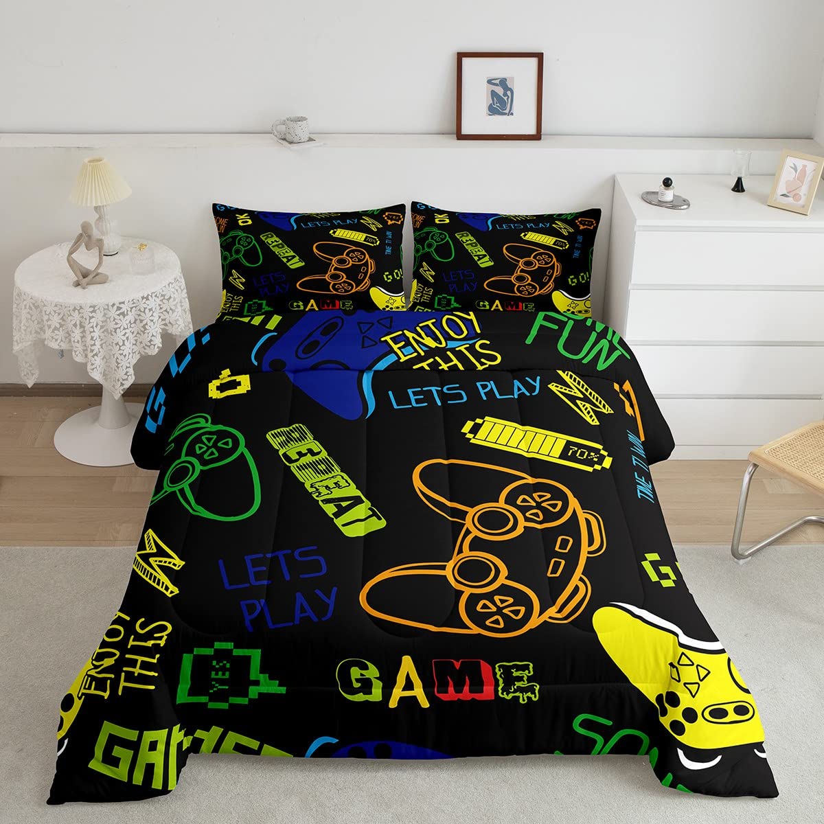 Erosebridal Twin Size Gaming Comforter Set for Boys - Cool Gamer Bedding with Yellow & Green Design - Perfect for Kids' Bedrooms & Teen Gaming Rooms