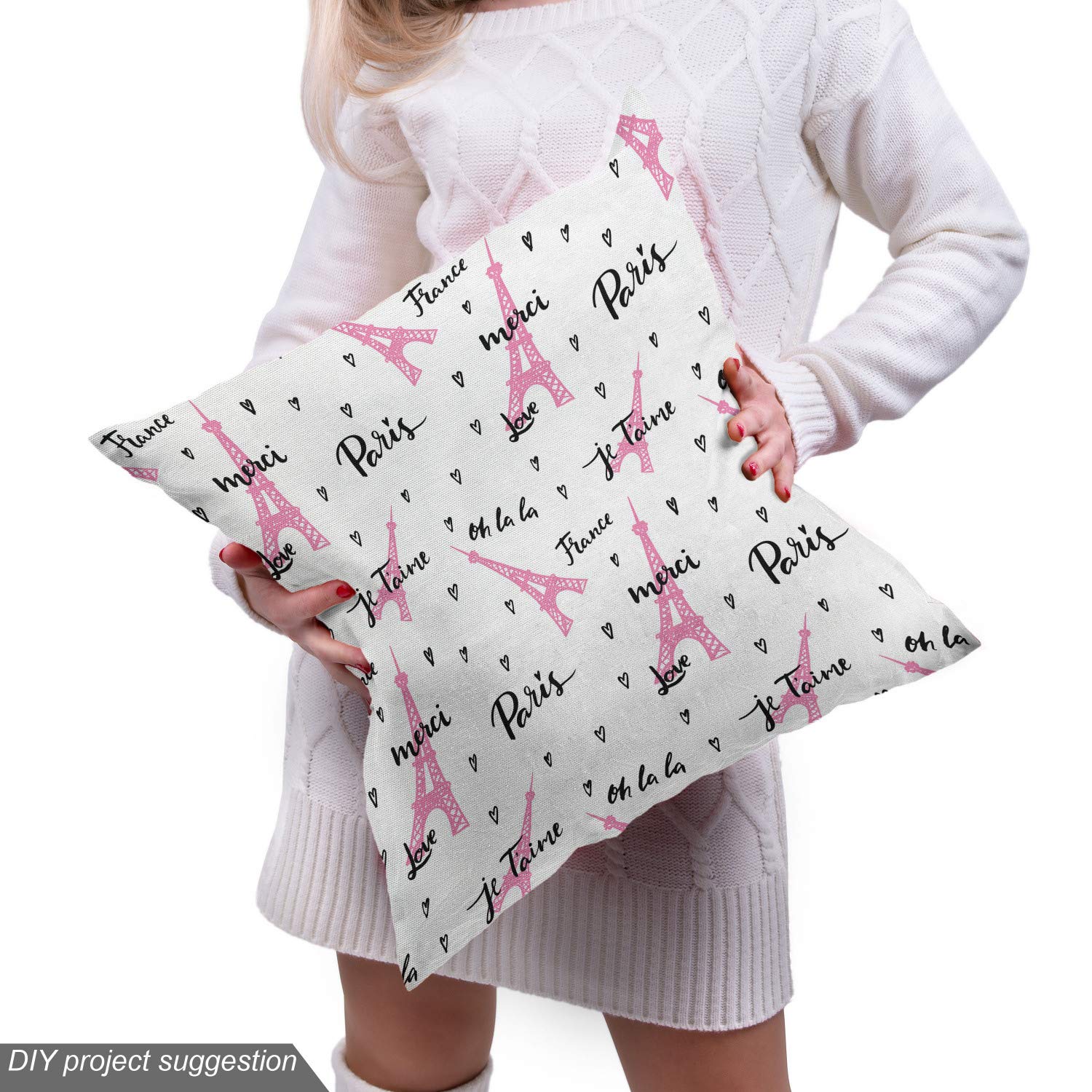 Ambesonne Paris Fabric by The Yard - European Style Eiffel Tower with French 'Je Taime' Romantic Heart Print - 10 Yards Pale Pink & White Upholstery Fabric for Sofa, Curtains, Pillows & Home Decor | Perfect for Living Room, Bedroom & Wedding Decorations